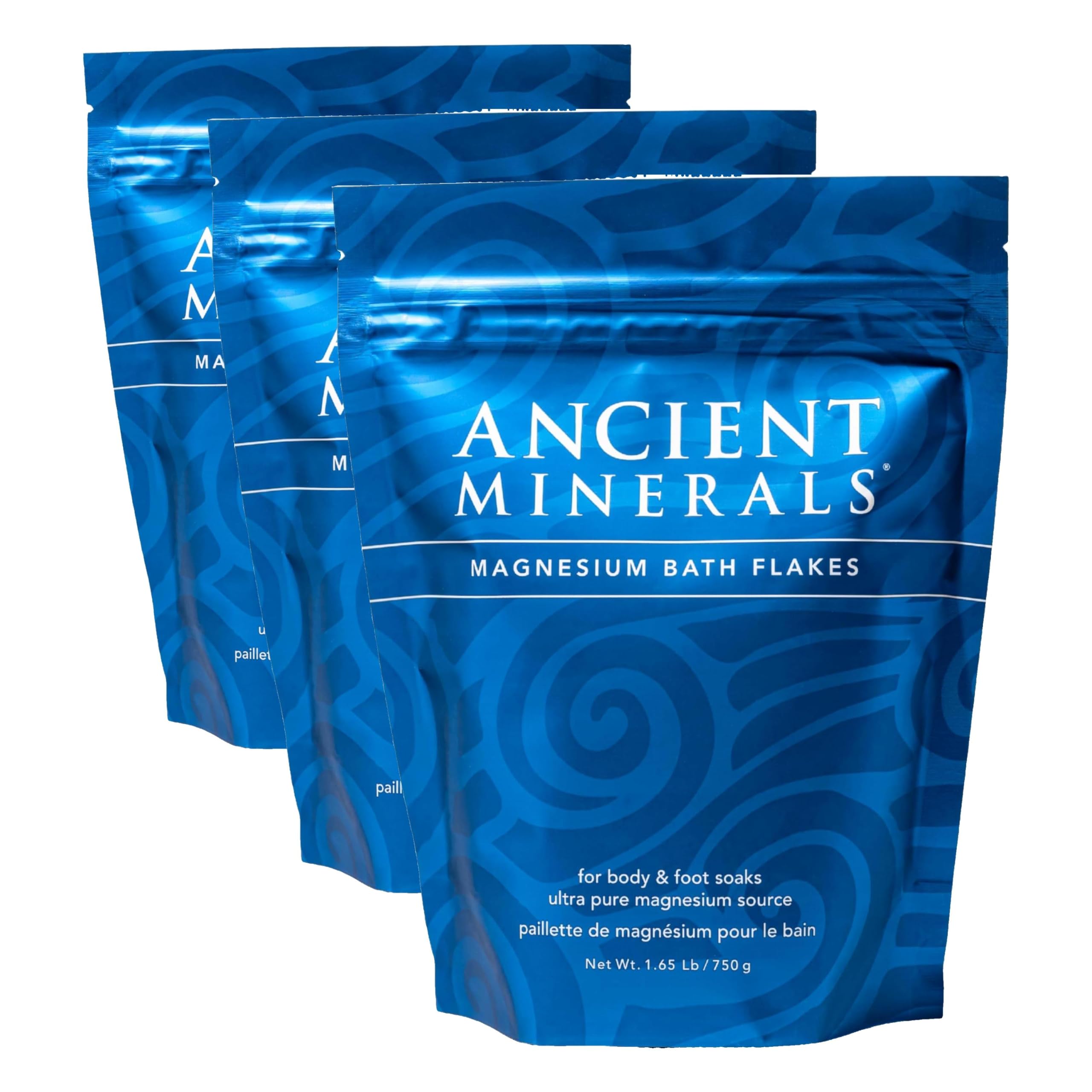 Ancient Minerals Magnesium Bath Flakes, Epsom Salt Alternative, 1.65lb | Pure Zechstein magnesium chloride flakes for soaking & whole-body replenishment. 1.65 lb resealable bag.