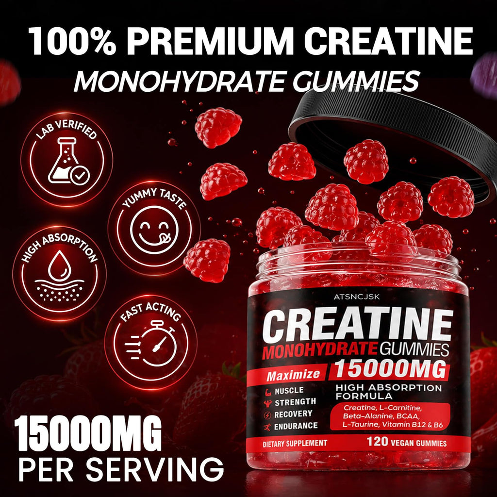 Creatine Gummies Monohydrate Complex, Pre-Workout for Men & Women, Creatine Gummy with L-Taurine, BCAA 2:1, B12/6 for Muscle Support, Enhance Strength, Energy Boost-120 Count