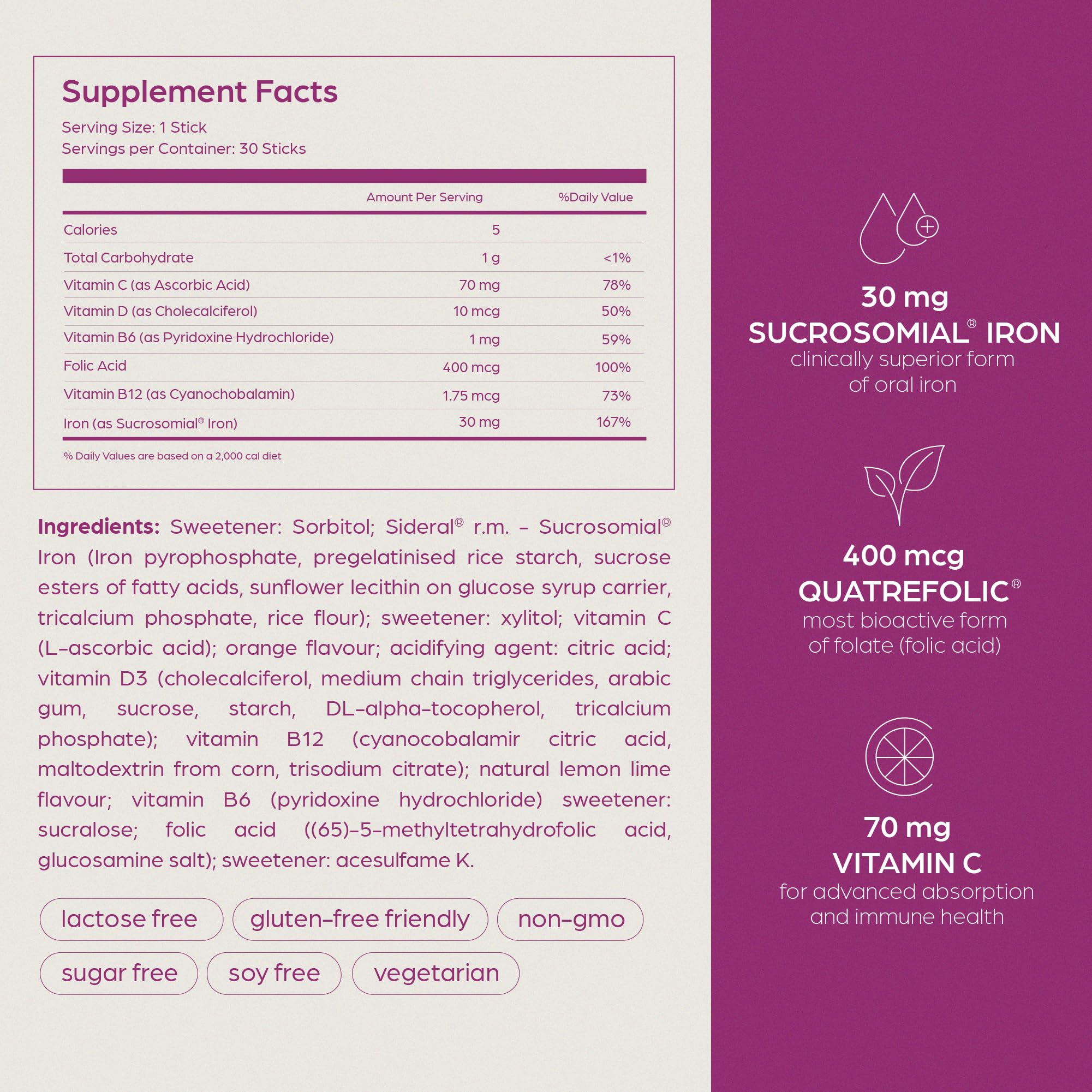 SiderAL Prenatal Vitamins for Women | Clinically Proven Iron Supplement for Women with Folic Acid, Vitamin C, D, B6, & B12 | Trusted Multivitamin for Pregnancy & Energy Support | 30 Powder Sticks