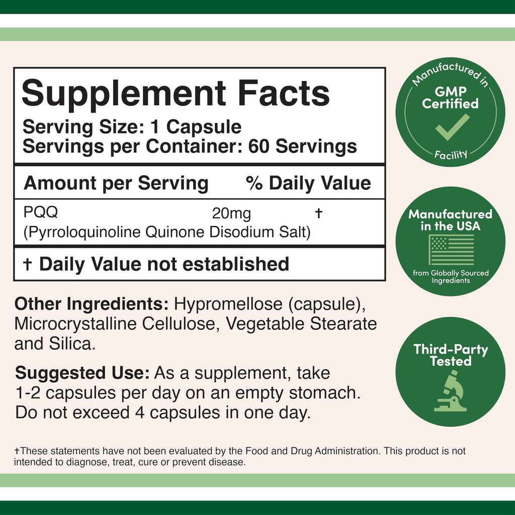 PQQ 20mg Pyrroloquinoline Quinone, Pairs with CoQ10, 60 Capsules