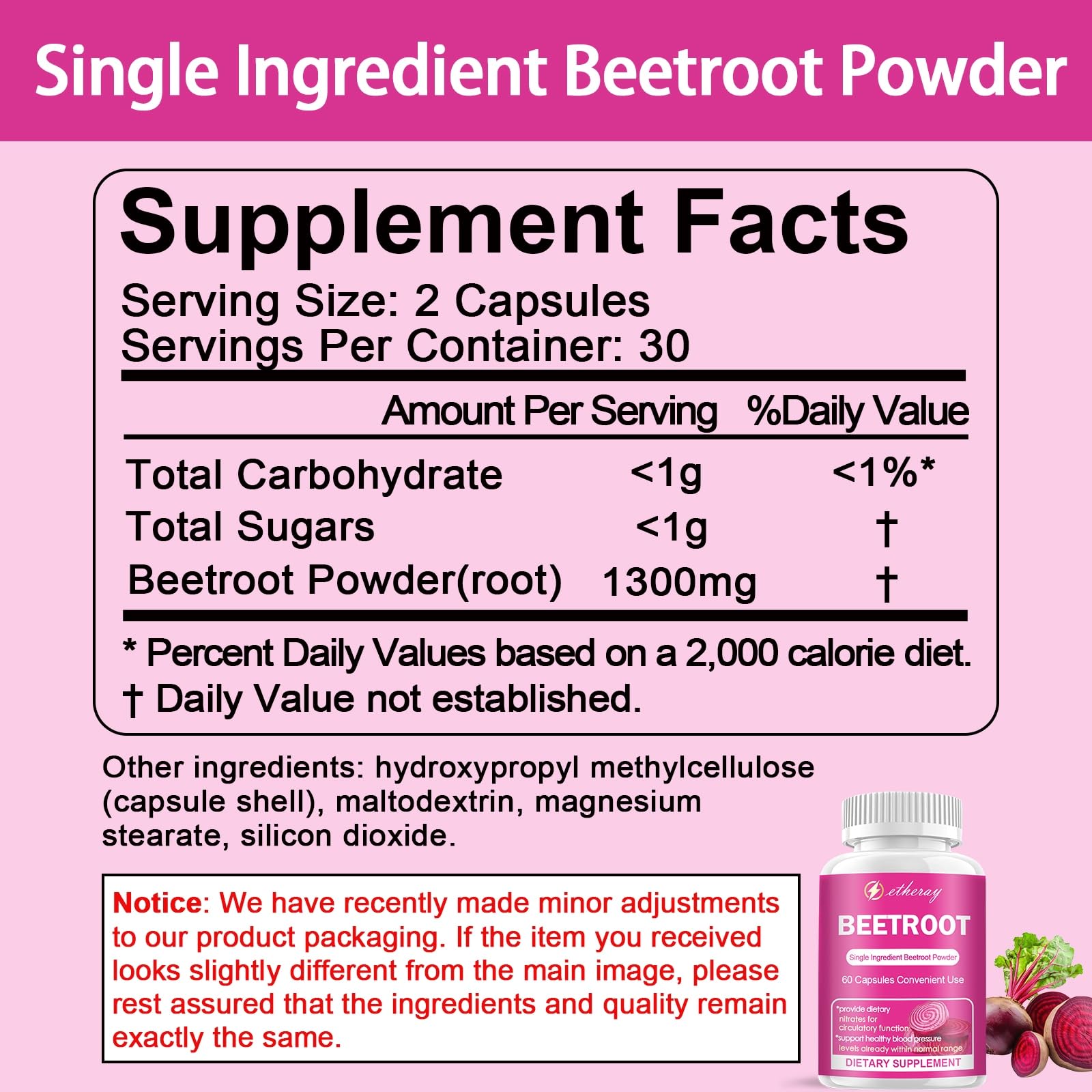 Beet Root Capsules - 1300mg Organic Pure Beetroot Beets Powder 60 Capsules-30 Days Supply | Natural & Vegan Supplement