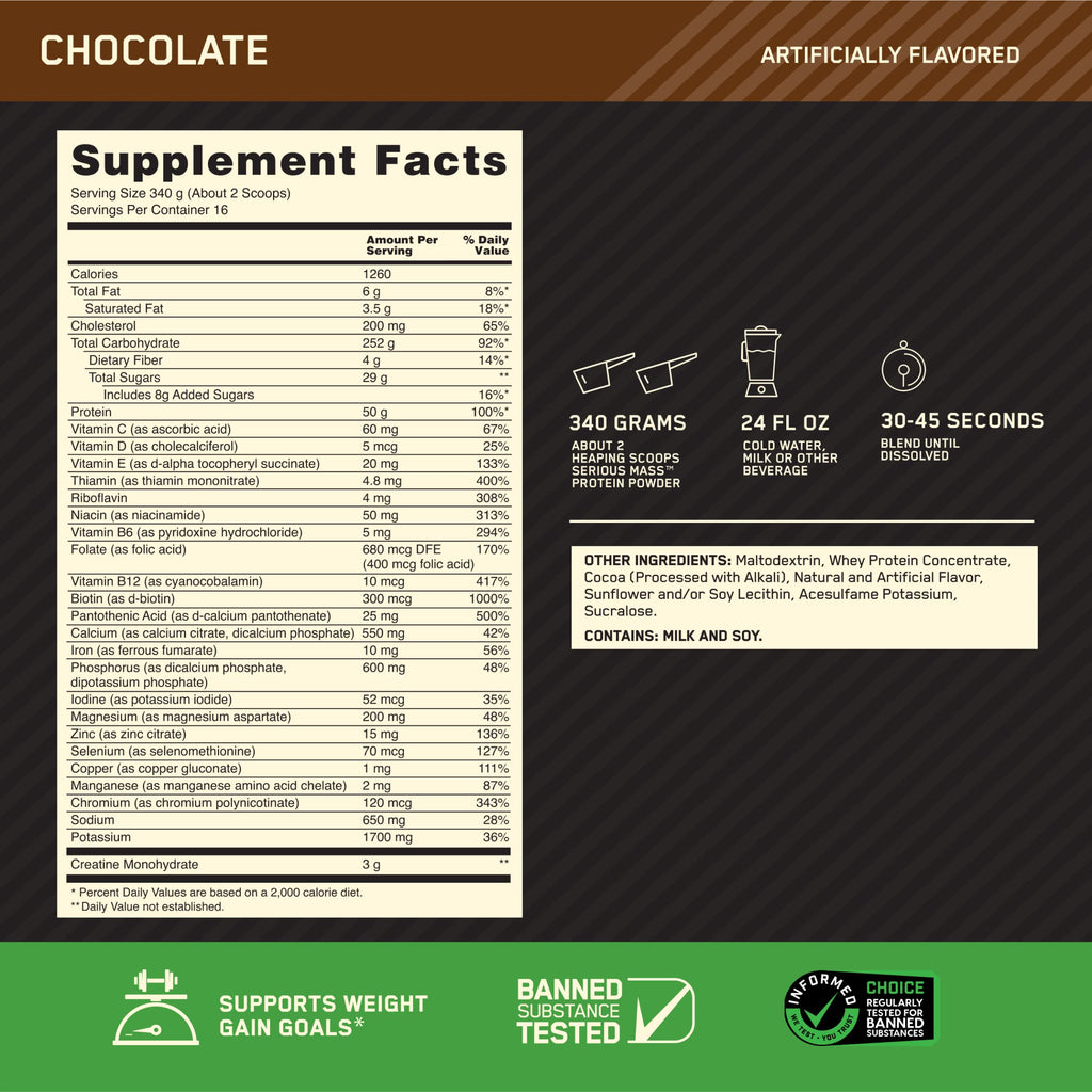 Buy now Optimum Nutrition Serious Mass, Weight Gainer Protein Powder, Mass Gainer, Vitamin C and Zinc for Immune Support, Creatine, Chocolate, 12 Pound (Packaging May Vary) at indiglob india