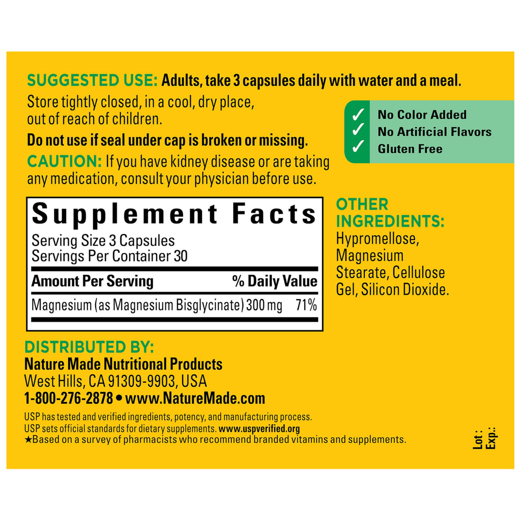 Nature Made Magnesium Glycinate 300 mg per 3 Capsules, 90 Capsules | High Absorption Magnesium Supplement for Muscle, Heart and Bone Support, Magnesium Bisglycinate Capsules, 30 Day Supply