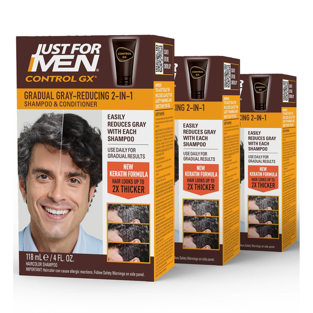 Just for Men Control GX 2-in-1 Shampoo & Conditioner, 4 Fl Oz (1 Pack) | Control GX 2-in-1 cleanses, conditions, and gradually reduces grays. Keratin strengthens and thickens hair.
