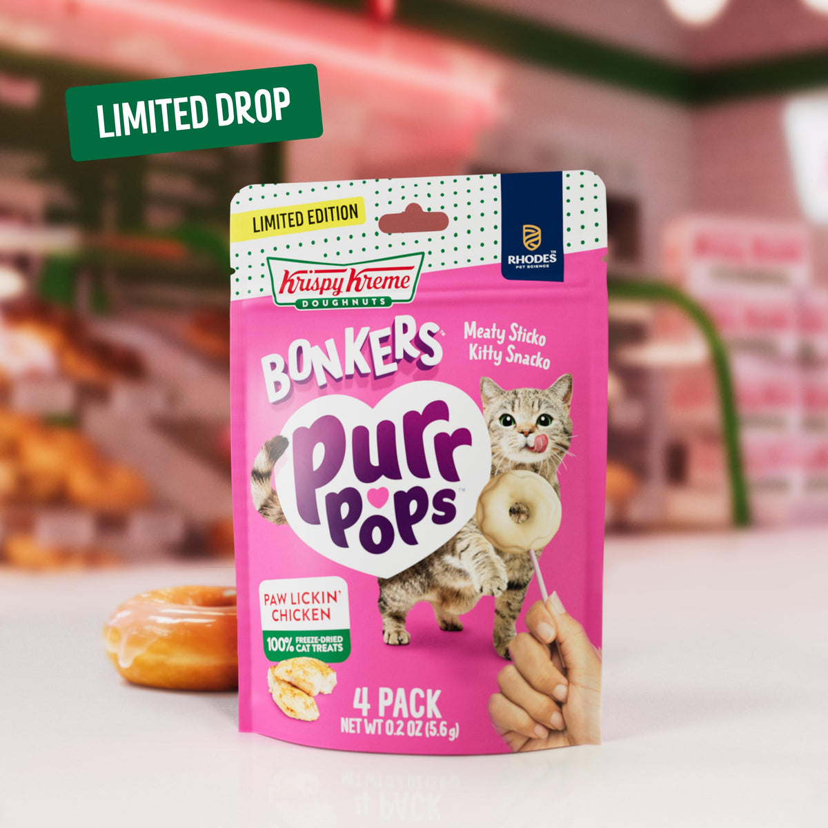 Bonkers Purrpops Krispy Kreme Edition Freeze-Dried Chicken Flavored Lollipop Cat Treats, 4 Pieces (Pack of 12)