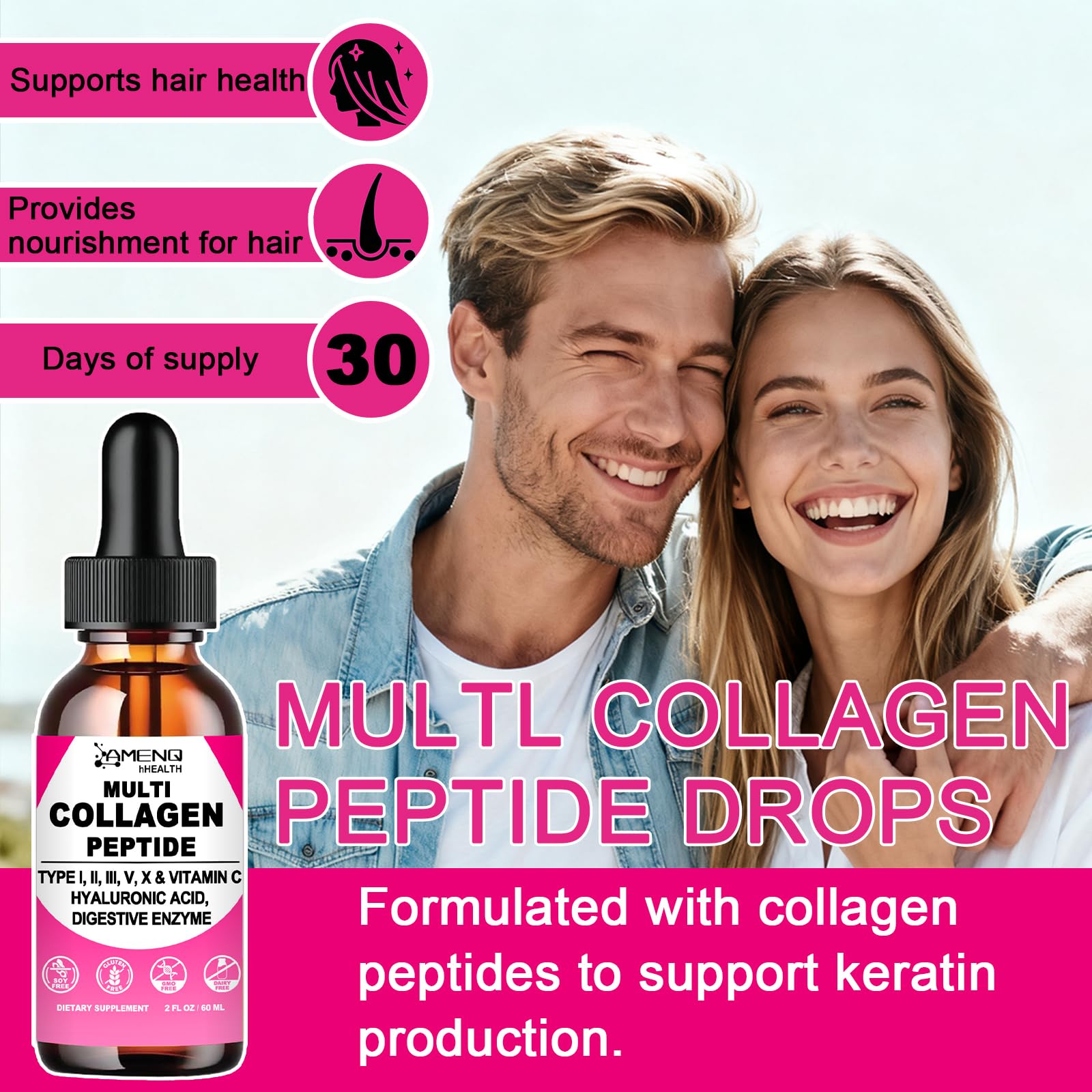 Liquid Collagen for Women & Men, Hydrolyzed Multi Collagen Peptides Drops | Types I, II, III, V & X Collagen Protein Complex (Colageno) with Hyaluronic Acid, Biotin & Vitamin C for Hair, Skin & Nails