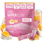 Nello Superglow Powdered Drink Mix, Skin Hydration, Glow & Hair Support, Collagen Peptides, Hyaluronic Acid, Ceramosides, Biotin & Vitamin C, 20 Stick Packs (Paradise Pear)