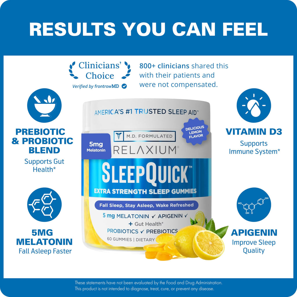 Relaxium SleepQuick Gummies, Sleep Aid, 5 mg Melatonin, D-3, Lemon, 60ct | Gut Health & Immune Support, Prebiotic Probiotic Blend, Gluten & Drug Free