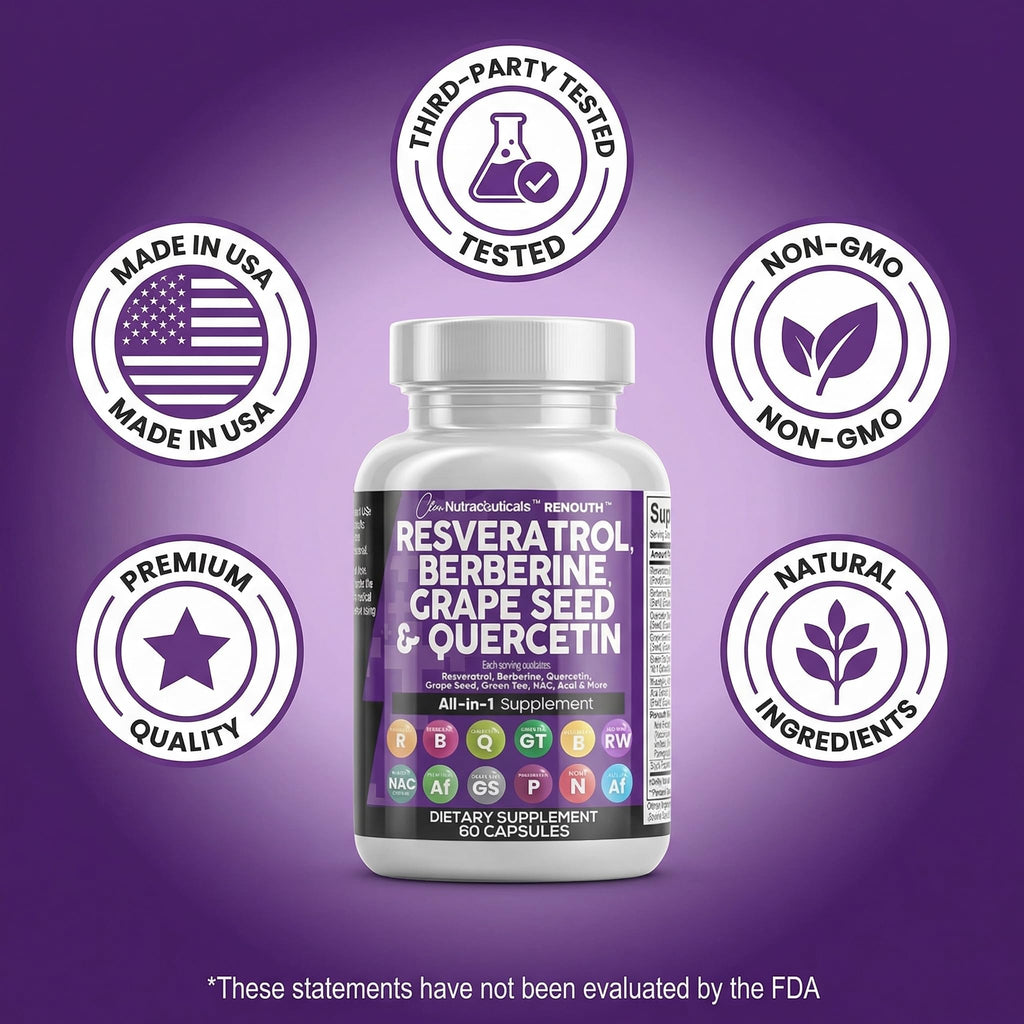 Clean Resveratrol Supplement | Berberine Grape Seed Extract Quercetin Green Tea Extract Acai Noni Polyphenol Supplement for Women & Men N-Acetyl Cysteine