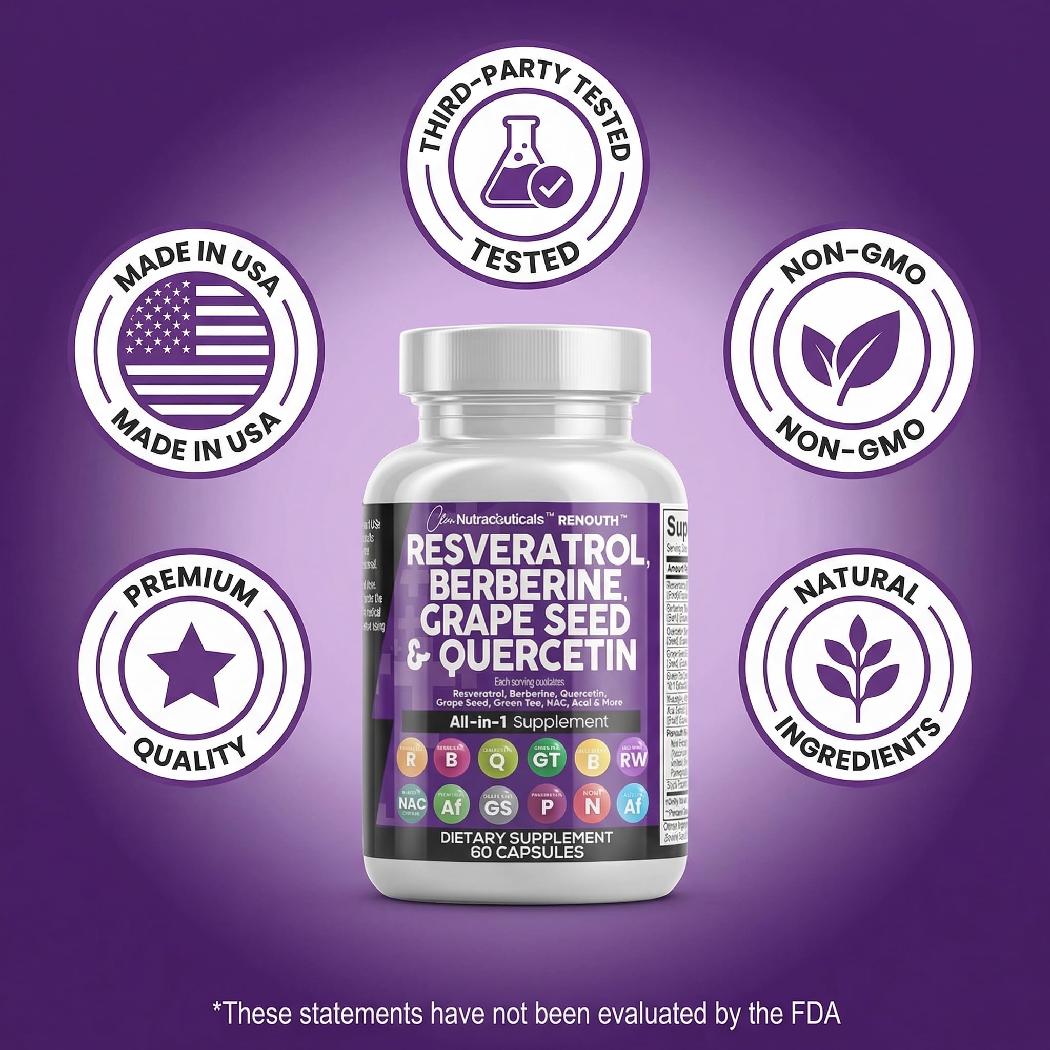 Clean Resveratrol Supplement | Berberine Grape Seed Extract Quercetin Green Tea Extract Acai Noni Polyphenol Supplement for Women & Men N-Acetyl Cysteine