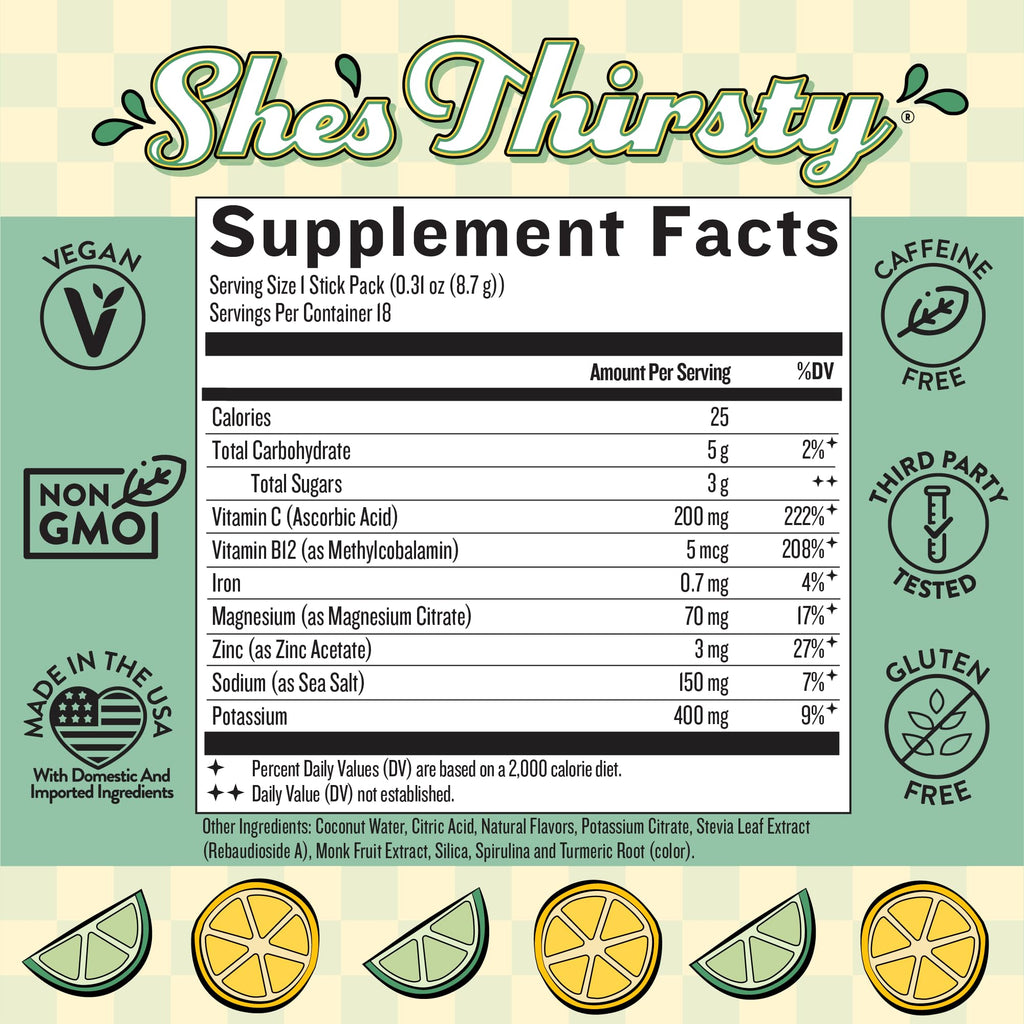 Legendairy Milk She's Thirsty Lemon Lime, No Sugar Added Electrolytes Powder Packets Coconut Water Mix for Women, Instant Hydration Packets, Immune Support, Pregnancy Safe, 18 Ct