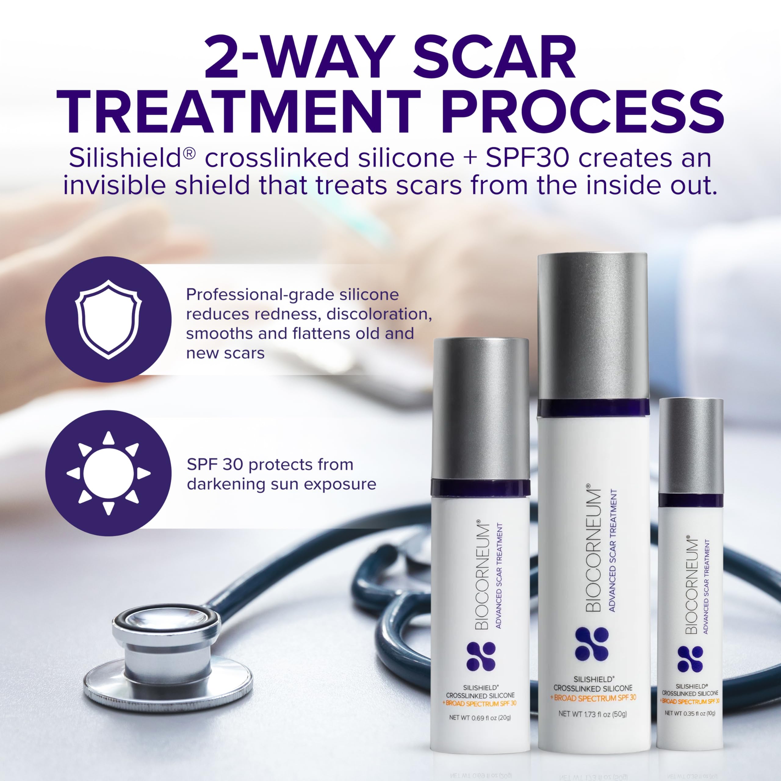 Biocorneum Silicone Scar Gel with SPF 30, Fast-Drying Scar Cream, 10g | Advanced Scar Treatment with Silishield®, Water Resistant Silicone Gel for Scars New & Old, Scar Cream for Surgical Scars