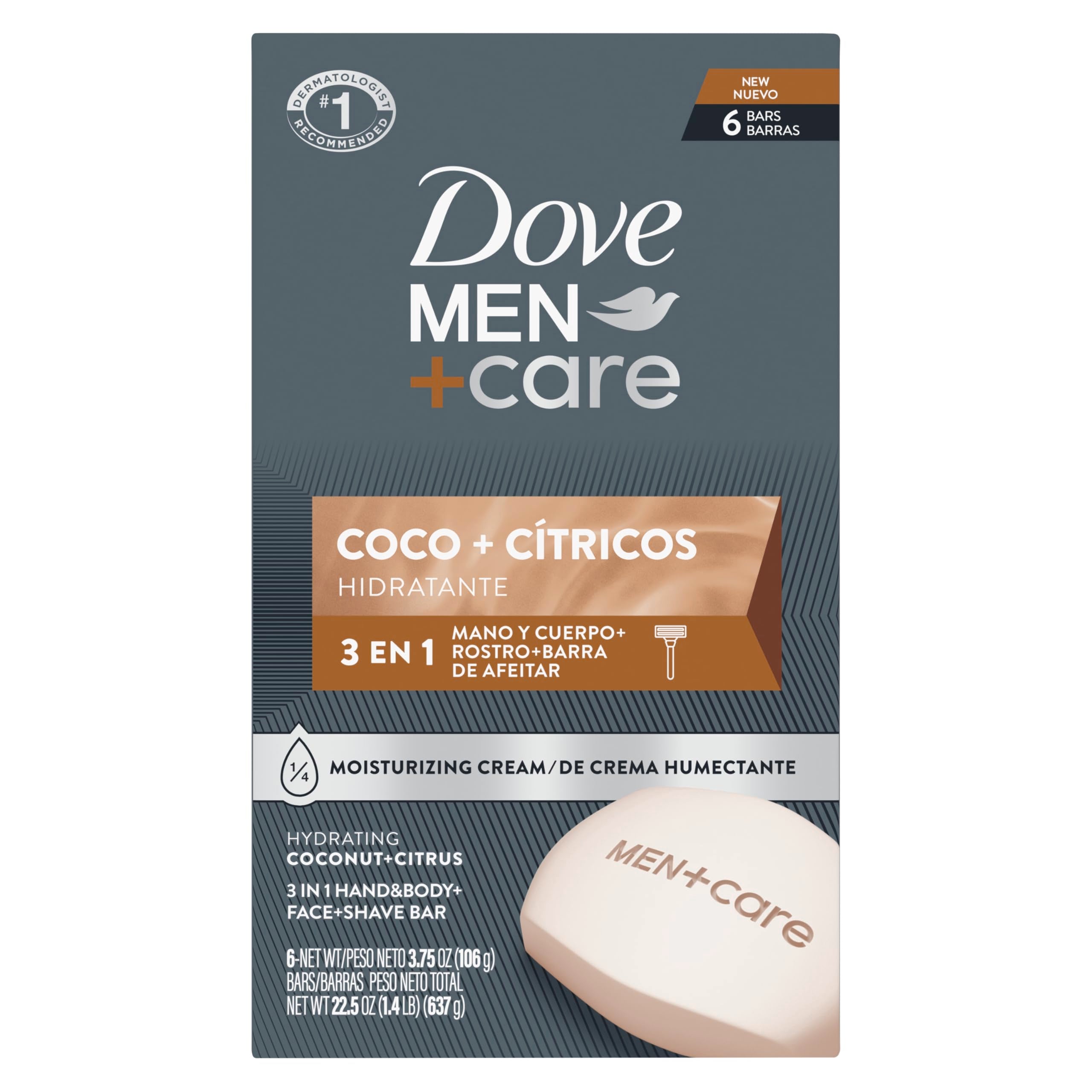 DOVE MEN + CARE Hidratante Coco + Cítricos Hand & Body Face 6 Count 3.75 oz | For dry skin, Helps hydrate and smooth skin, With coconut + citrus formula, For daily showers, Face + body shave bar