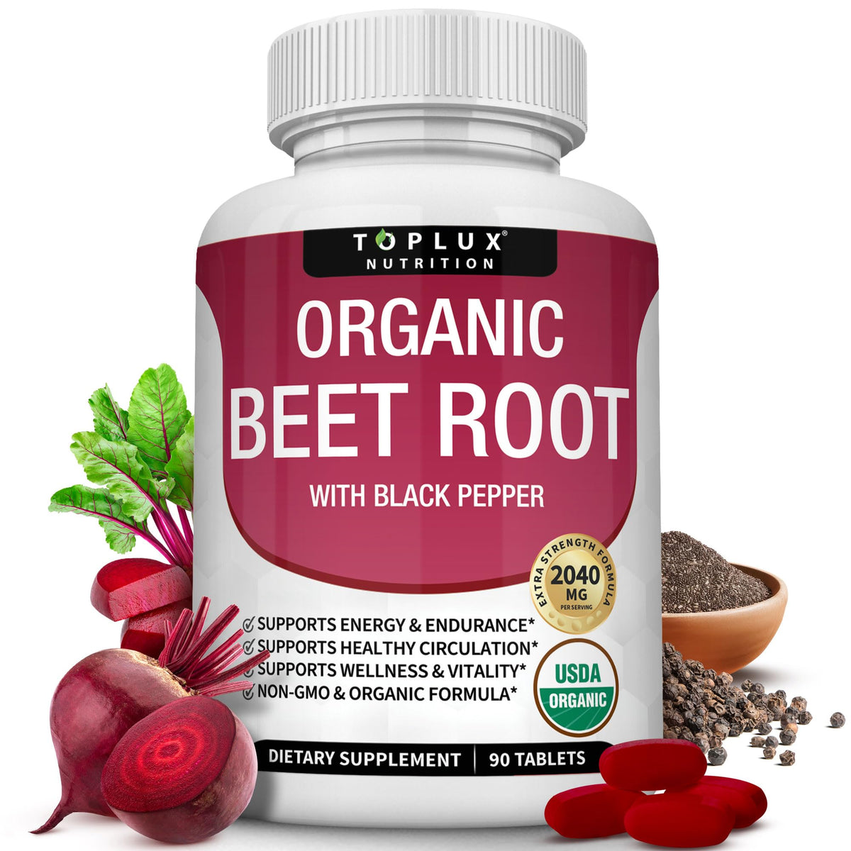 Toplux Organic Beet Root Powder Tablets - 2040mg Natural Nitric Oxide Beets to Support, Energy, Black Pepper Better Absorption, Non-GMO, for Men Women, 90 Tablets