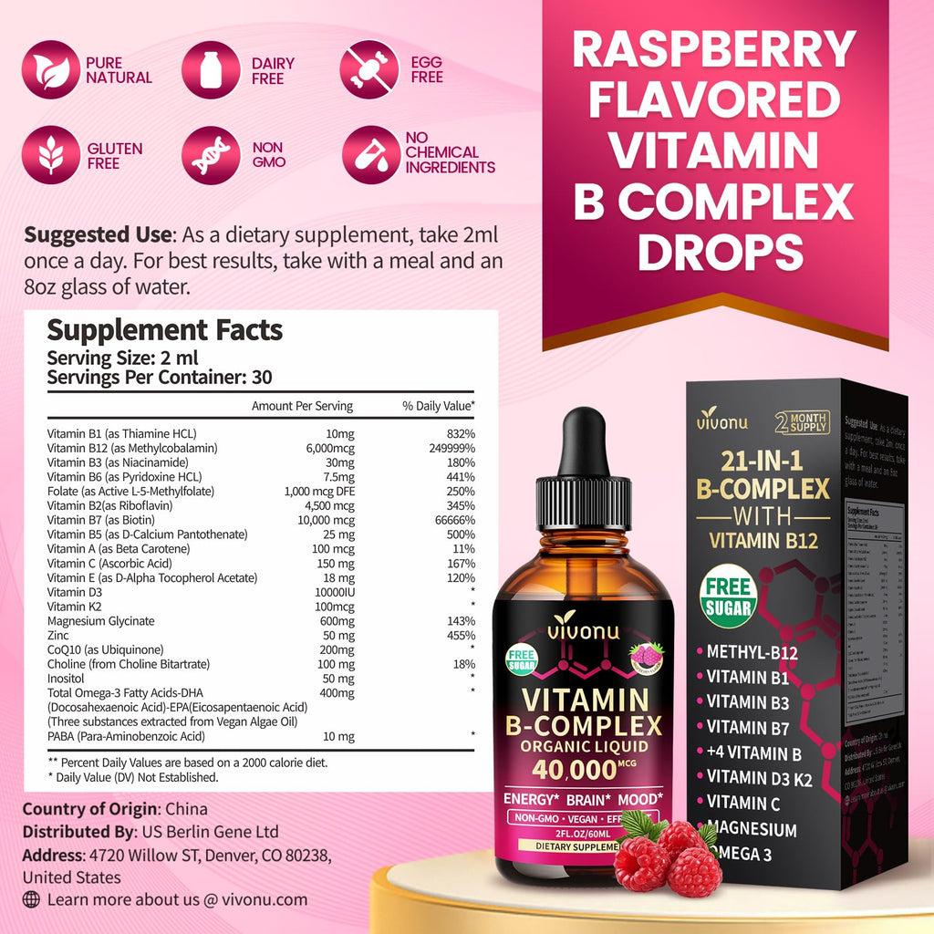 Vitamin B Complex, Vitamin B12 Liquid Drops, B1, B2, B6, B3, B5, Biotin