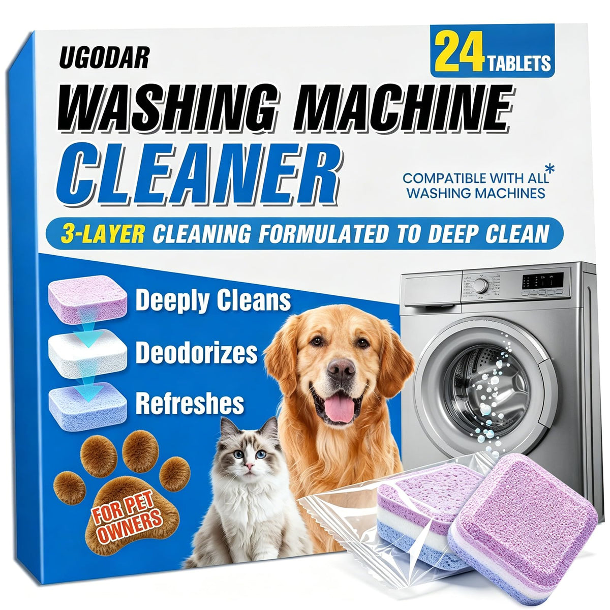 Washing Machine Cleaner Tablets 24-Pack, 3-Layer Formula Deep Cleaning, Pet Hair & Odor Removal, Residue & Build-Up Cleaner for HE, Front Load & Top Load Washers