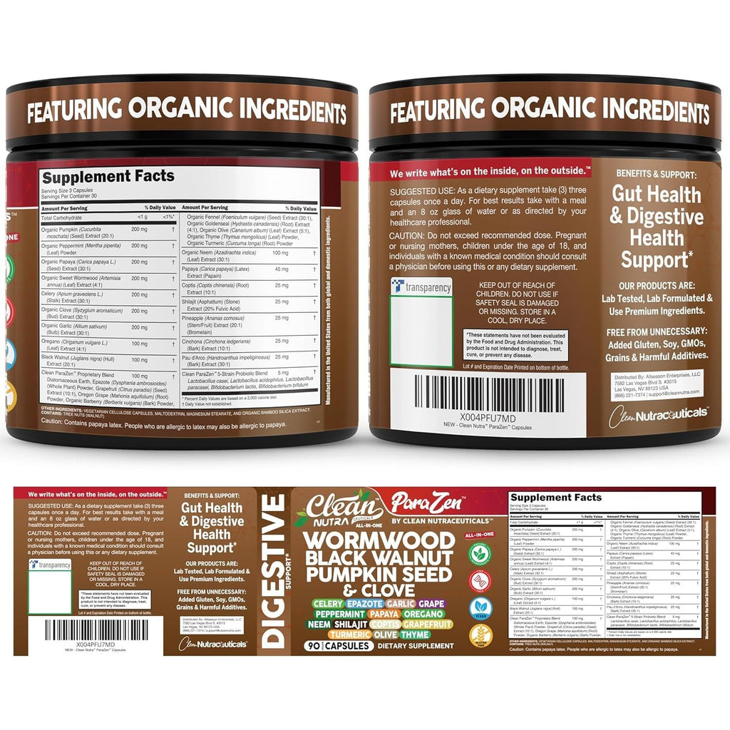 Clean Nutra Wormwood Black Walnut Pumpkin Seed Clove Oil Celery Garlic Grape Papaya Neem Diatomaceous Earth Womens Probiotic Gut Health Cleanse Detox Oregano Olive Turmeric Supplement Vegan Capsules