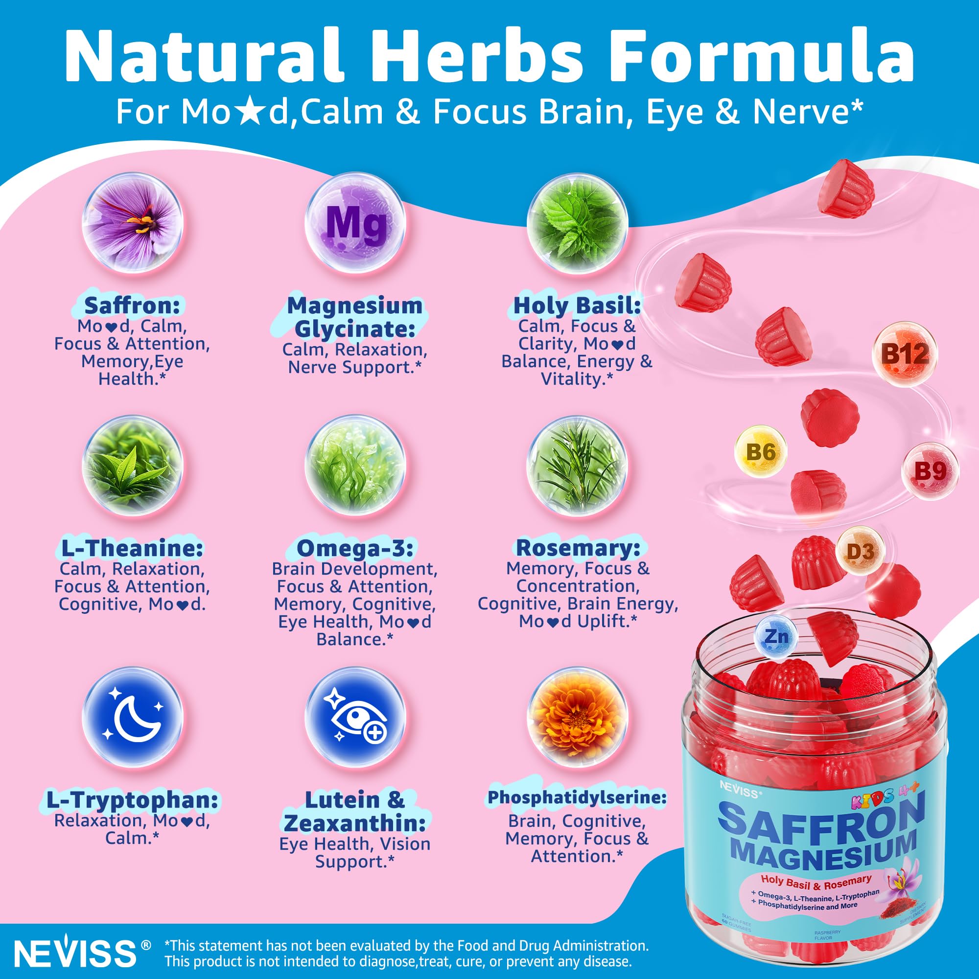 Saffron + Magnesium Glycinate+ Omega-3 - Calm Focus Gummies for Kids 4+, Saffron Extract Supplement w/L-Theanine, Holy Basil, Rosemary, B6, B9,B12, D3 for Happy Mood, Cognition, Nerve, Sugar Free