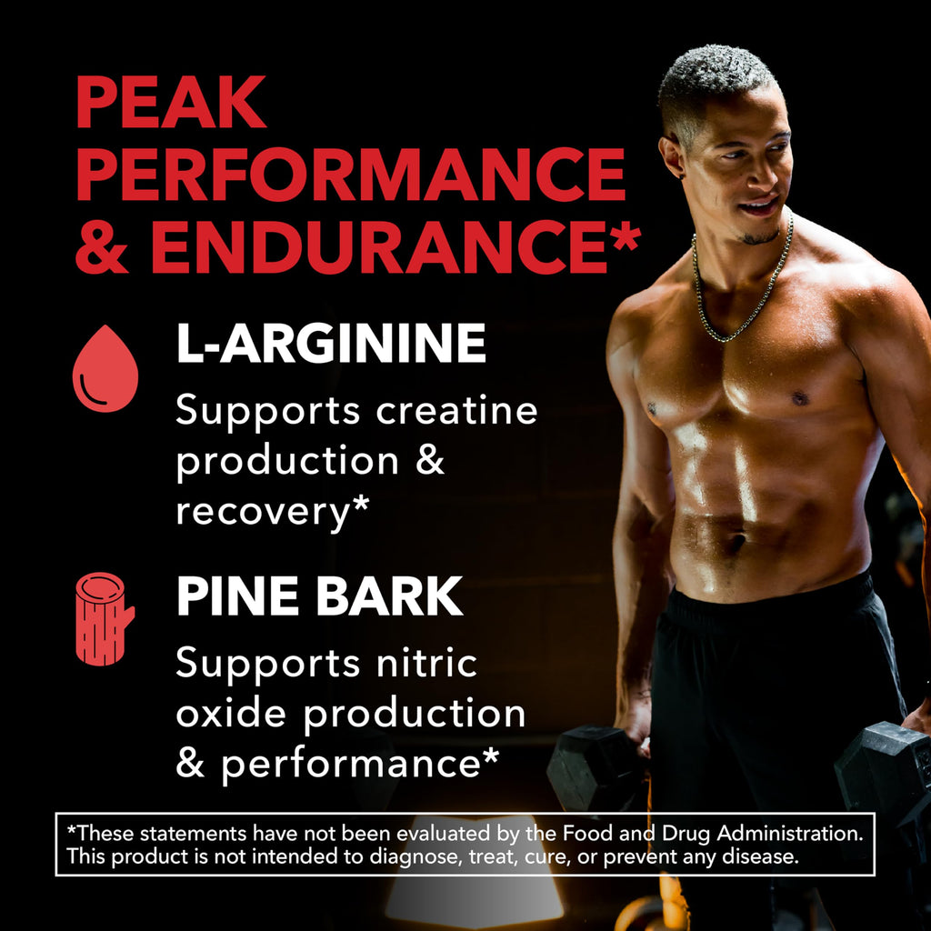 L-Arginine 1800mg with Pine Bark Extract 100mg Per Serving, 30 Servings | Nitric Oxide Supplement with Pine Bark and L-Arginine for Men, Performance Supplement for Men's Health, Vegan, 90 Count