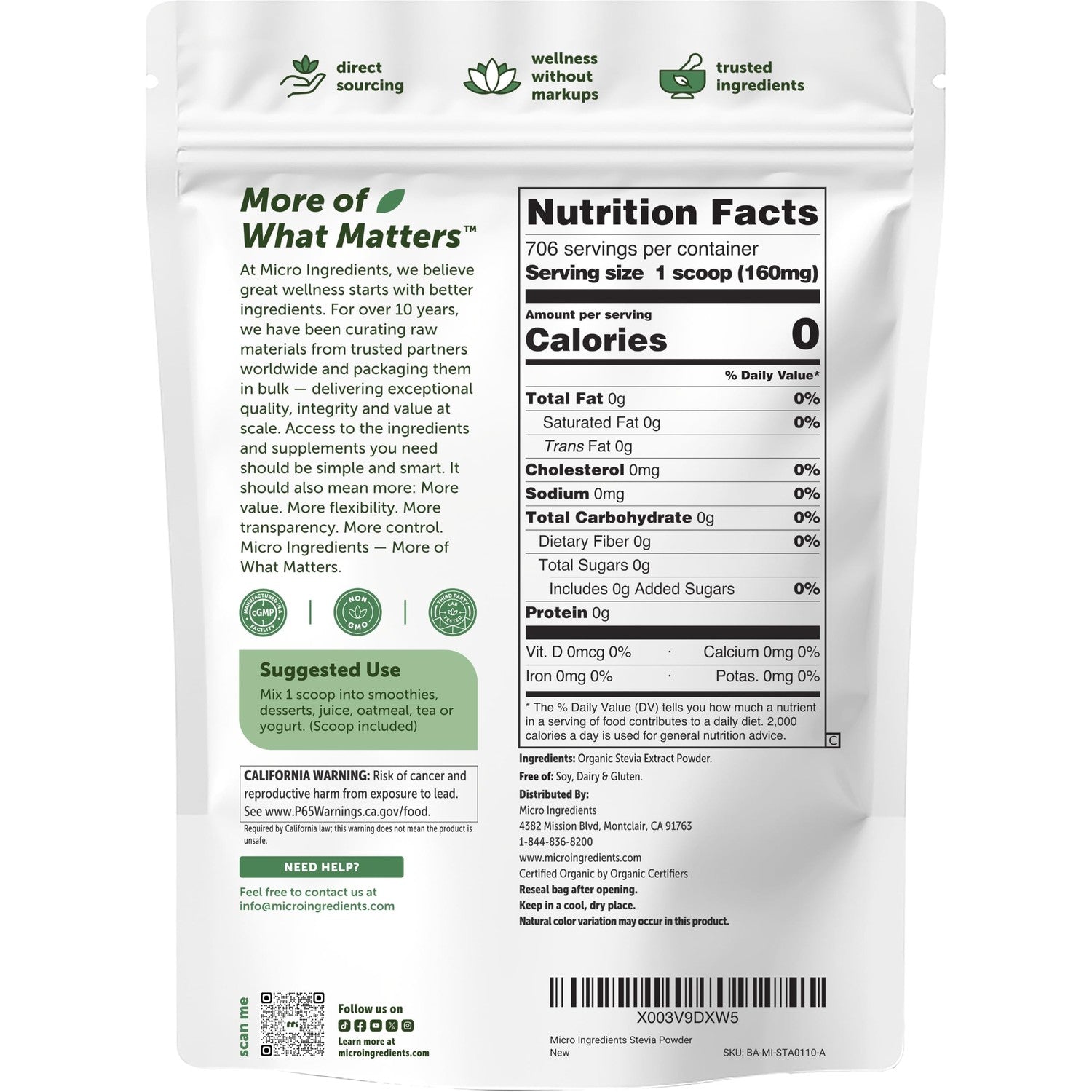 Micro Ingredients Pure Organic Stevia Extract Powder, 4 oz, No Additives | 706 Servings, Stevia Green Leaf Reb-A, Sugar-Free 0 Calories, Natural Sweetener, Sugar Substitute, Keto & Vegan Friendly