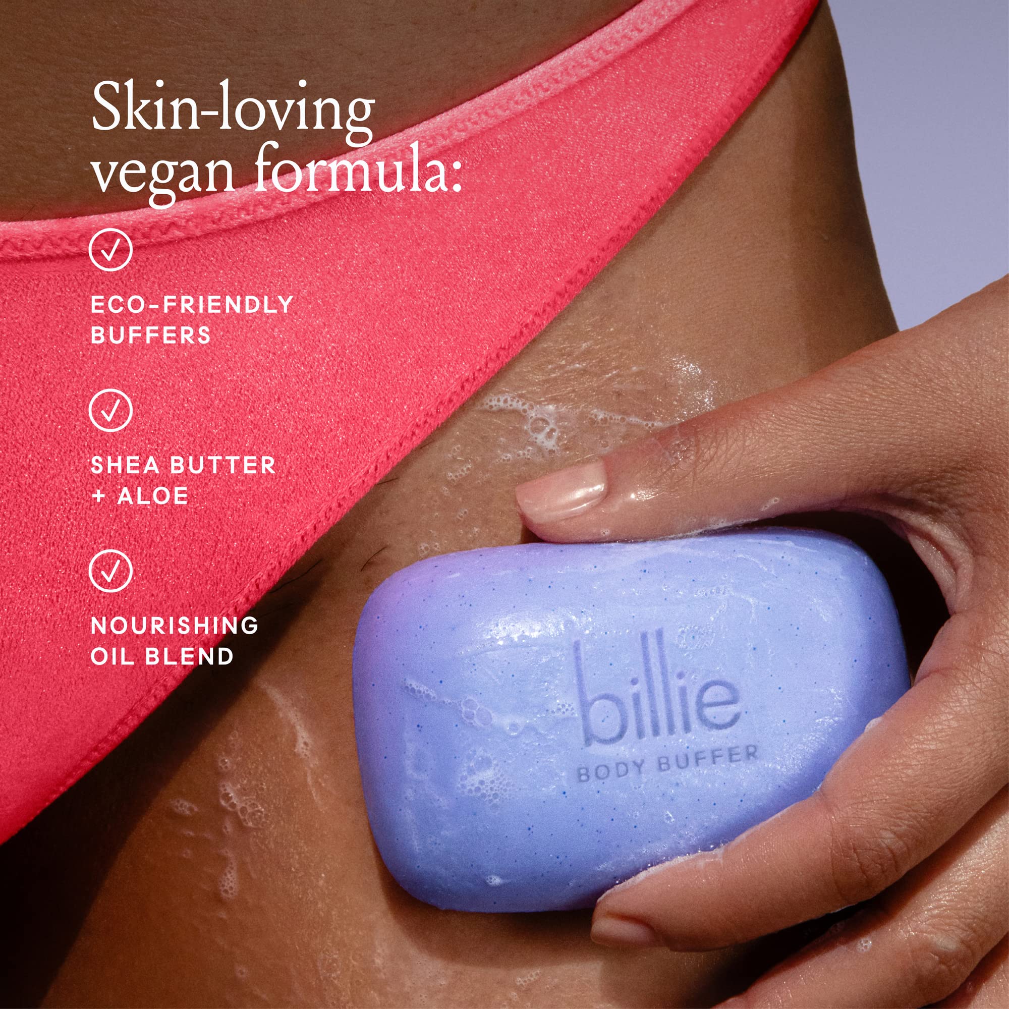 Billie Body Buffer, Pre-shave Body Exfoliator Bar, 3.5 oz | Pre shave exfoliator, hydrating and soothing aloe and shea butter, Jojoba and castor oil beads, Sensitive skin