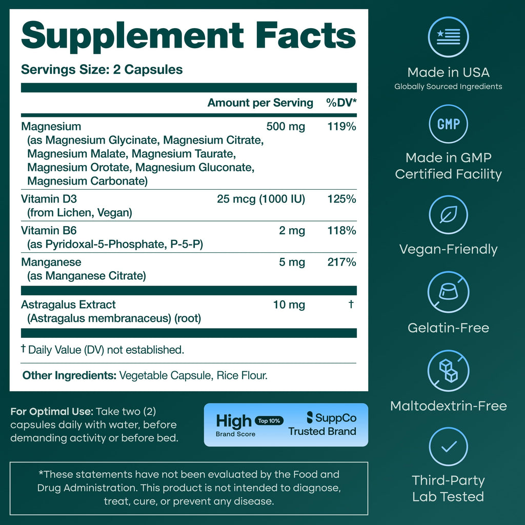 High Absorption Magnesium Glycinate Complex 500mg, 7-in-1 with Vegan D3 | Oxide-free and filler-free, 7 bioavailable forms including glycinate, citrate & malate for sleep, cramps & stress, vegan, USA