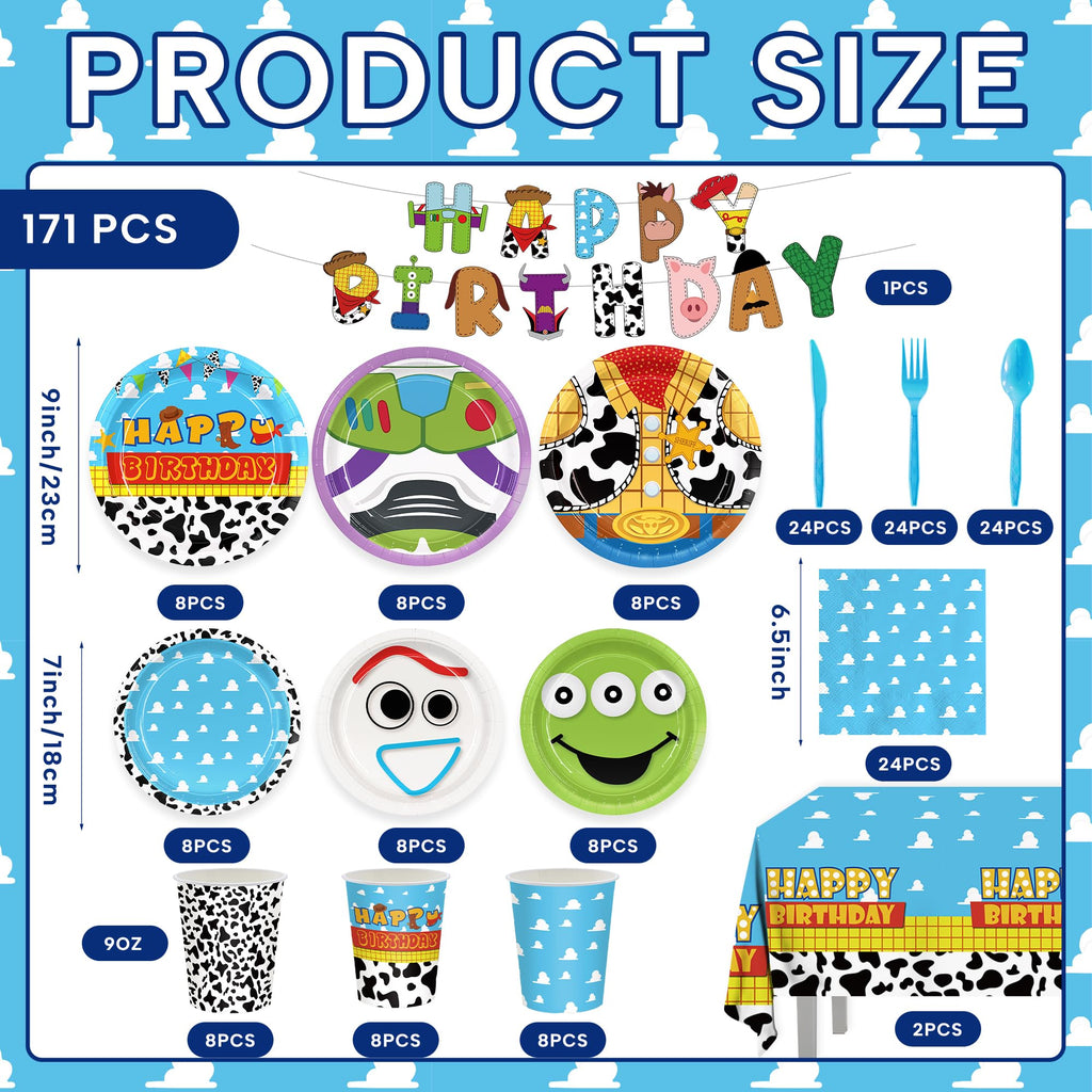 171pcs Toy Birthday Party Supplies Include Paper Plates Napkins Cups Banner