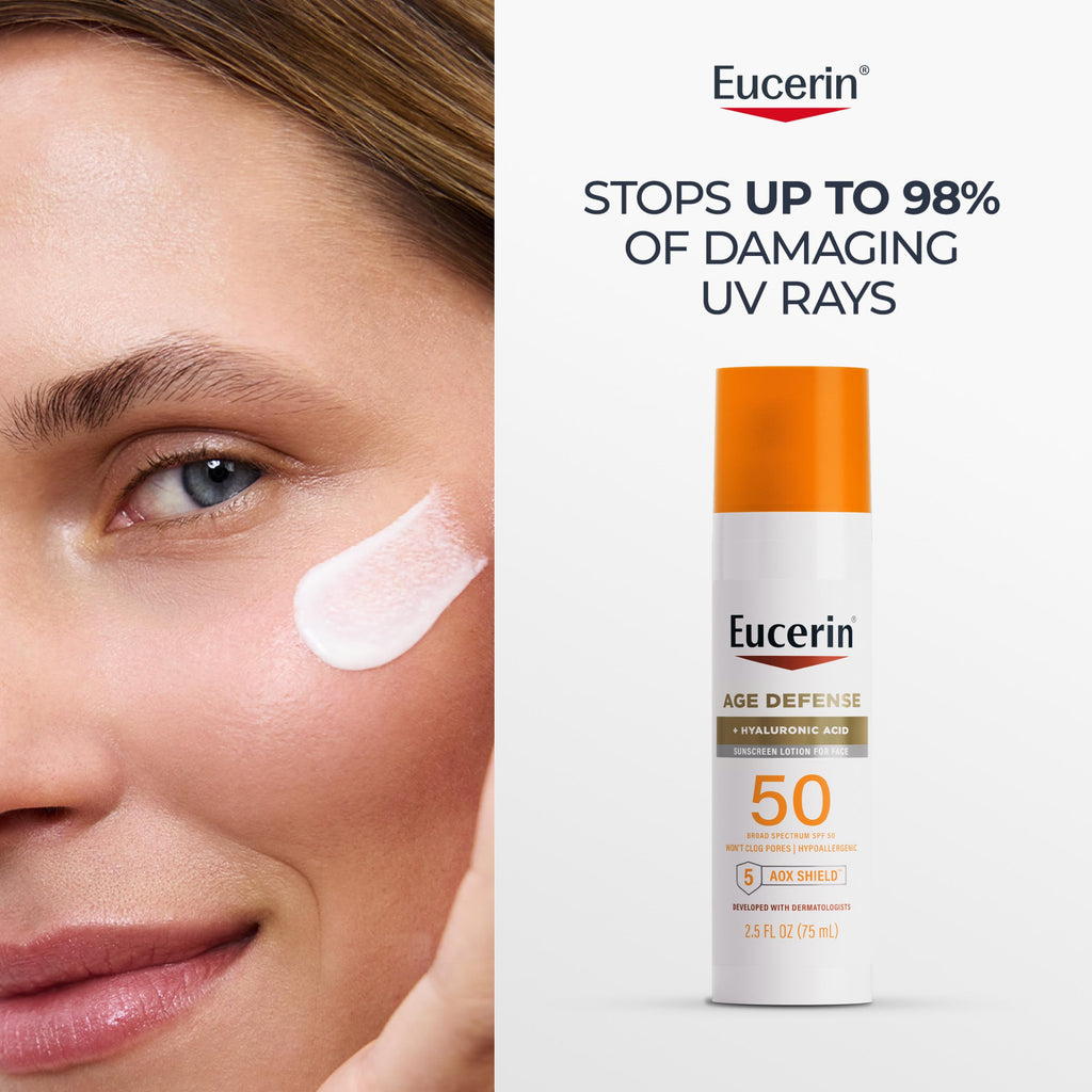 Eucerin Sun Age Defense Face Sunscreen Lotion SPF 50, 2.5 FL OZ | Face Sunscreen SPF 50 with Hyaluronic Acid for Age Defense, Invisible Finish, Hypoallergenic, Non-Comedogenic, Fragrance Free