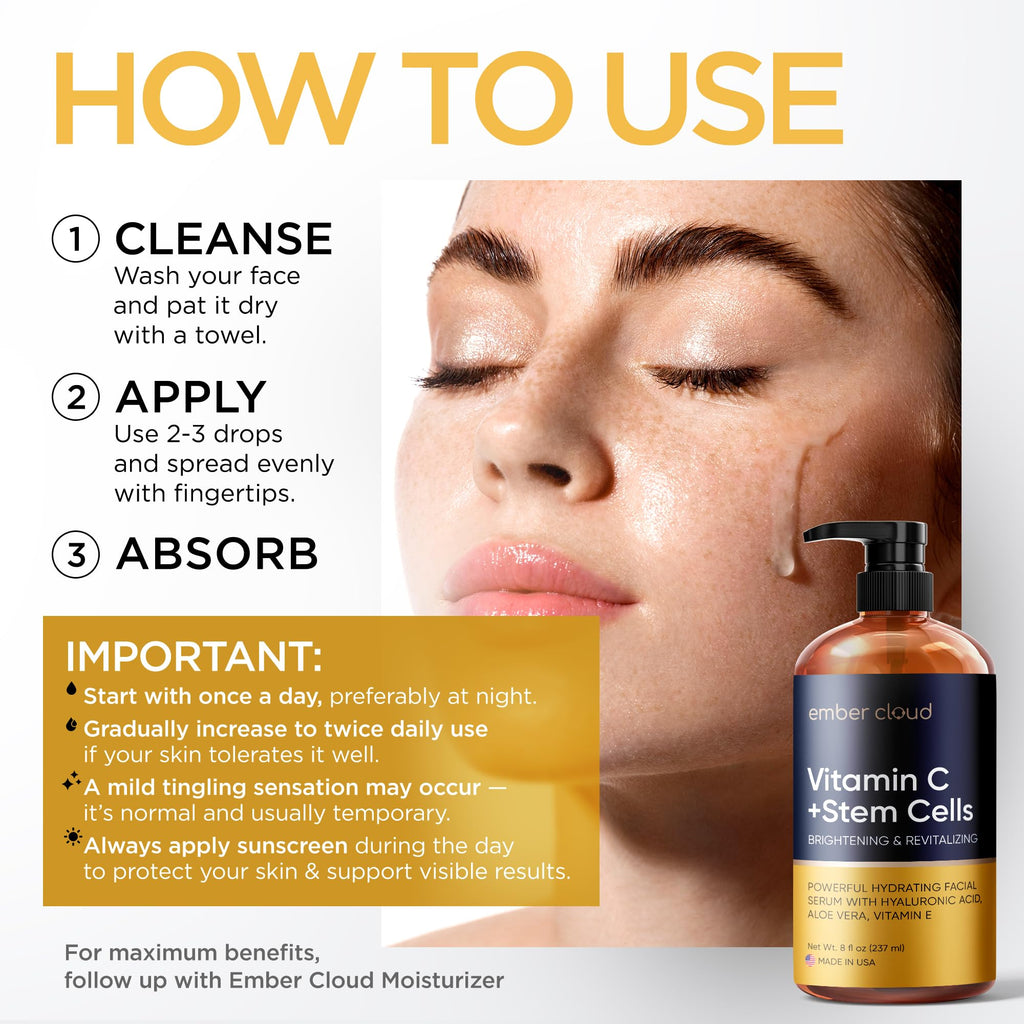Vitamin C Serum for Face with Stem Cells & Hyaluronic Acid 8 Oz | Anti-Aging, Brightening, Hydrating Face Serum for All Skin Types, Cruelty Free, Made in USA, with Aloe Vera & Vitamin E