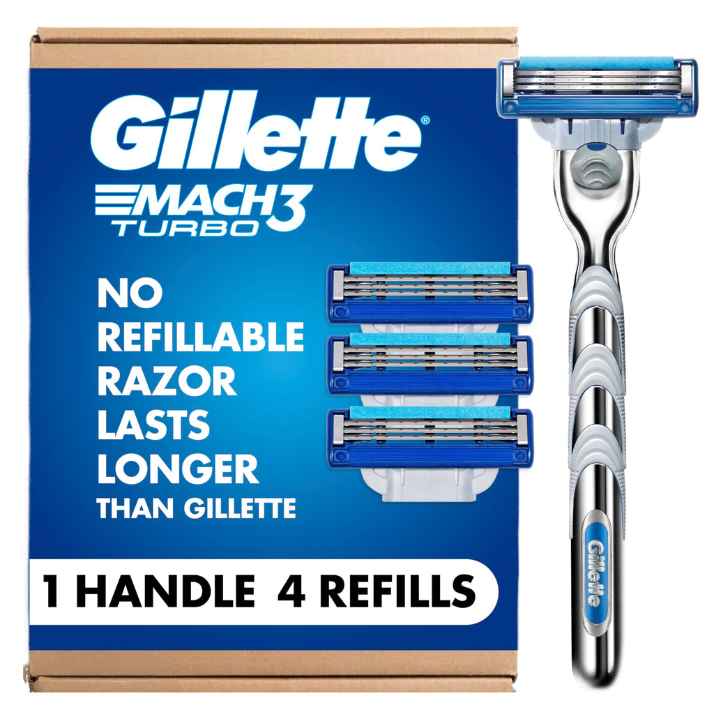 Gillette Mach3 Turbo Razors for Men, 1 Handle, 4 Blade Refills