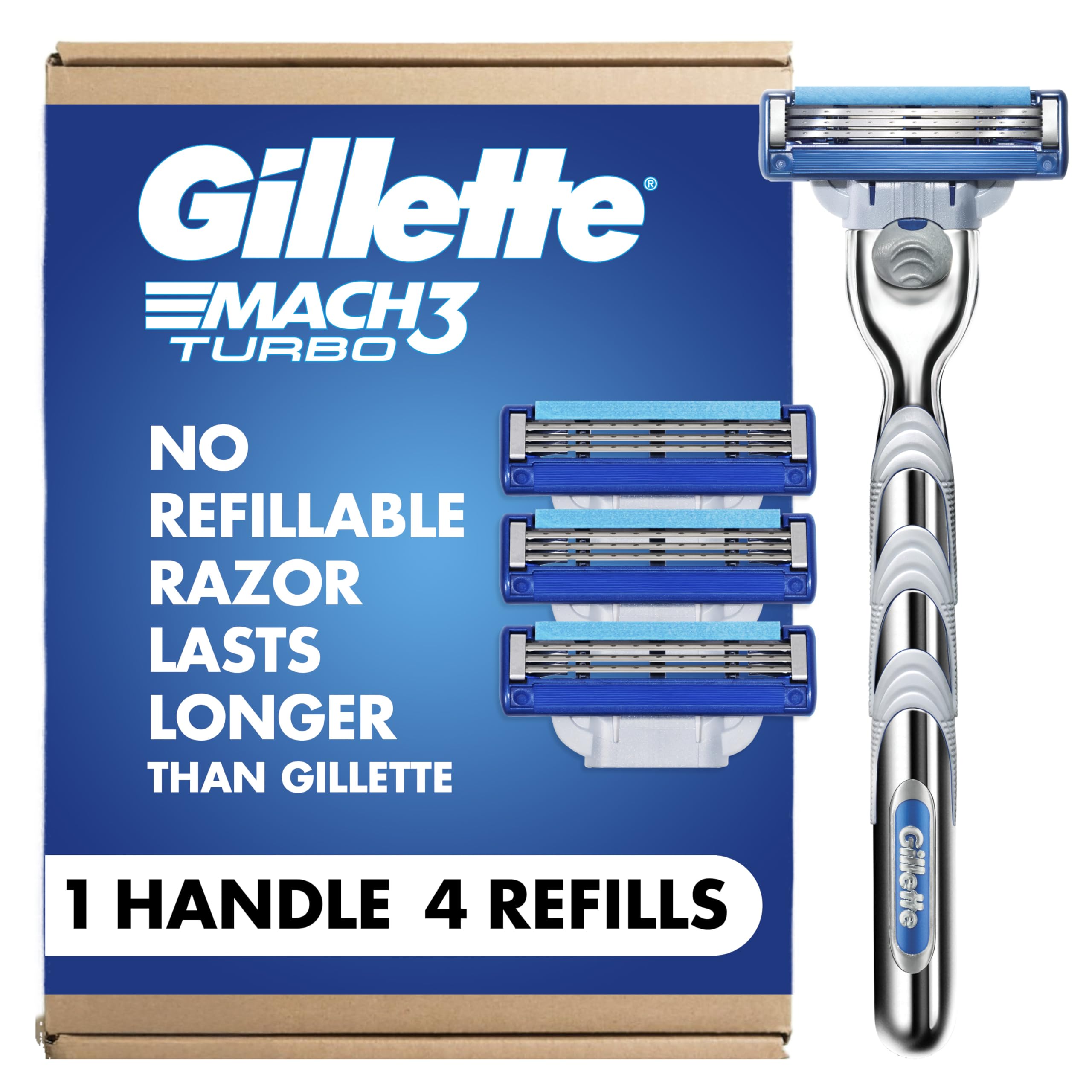 Gillette Mach3 Turbo Razors for Men, 1 Handle, 4 Blade Refills