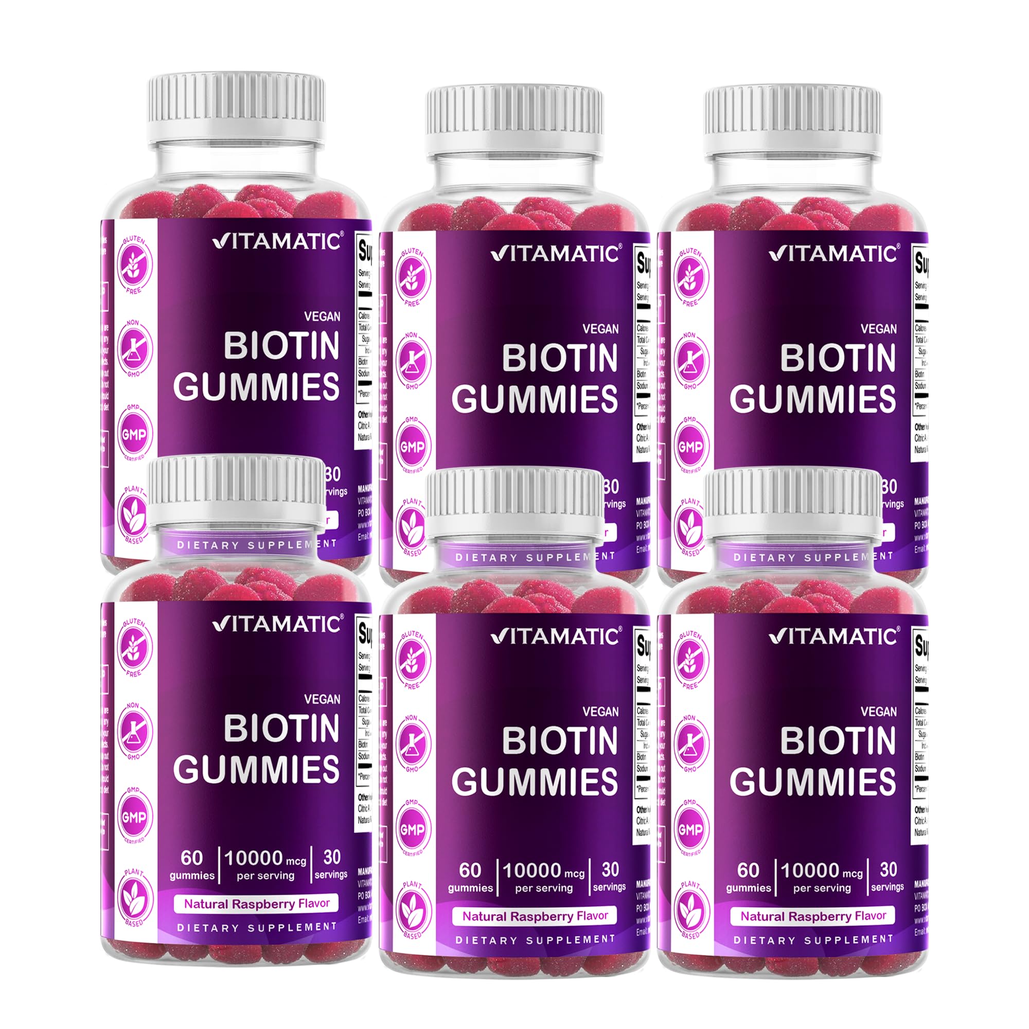 Vitamatic Biotin 10,000 mcg, 60 Vegan Gummies, Raspberry Flavor-2 Pack | 10000 mcg Per Serving, Natural Raspberry Flavor, Pectin Based, Non-GMO, Gluten Free, GMP Certified