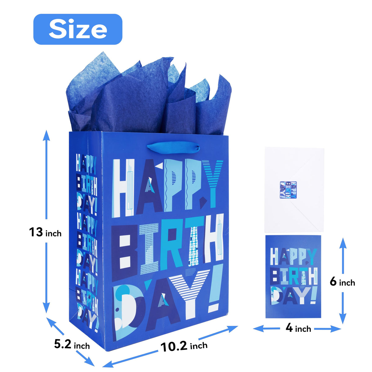 wishinside 13" Large Blue Gift Bags Set with Greeting Card and Tissue Papers (Blue Happy Birthday) for Men's Birthday Party, Father, Grandpa, Kids' Parties, Baby Boy - 13”x10.2”x5.2”, 1 Pcs