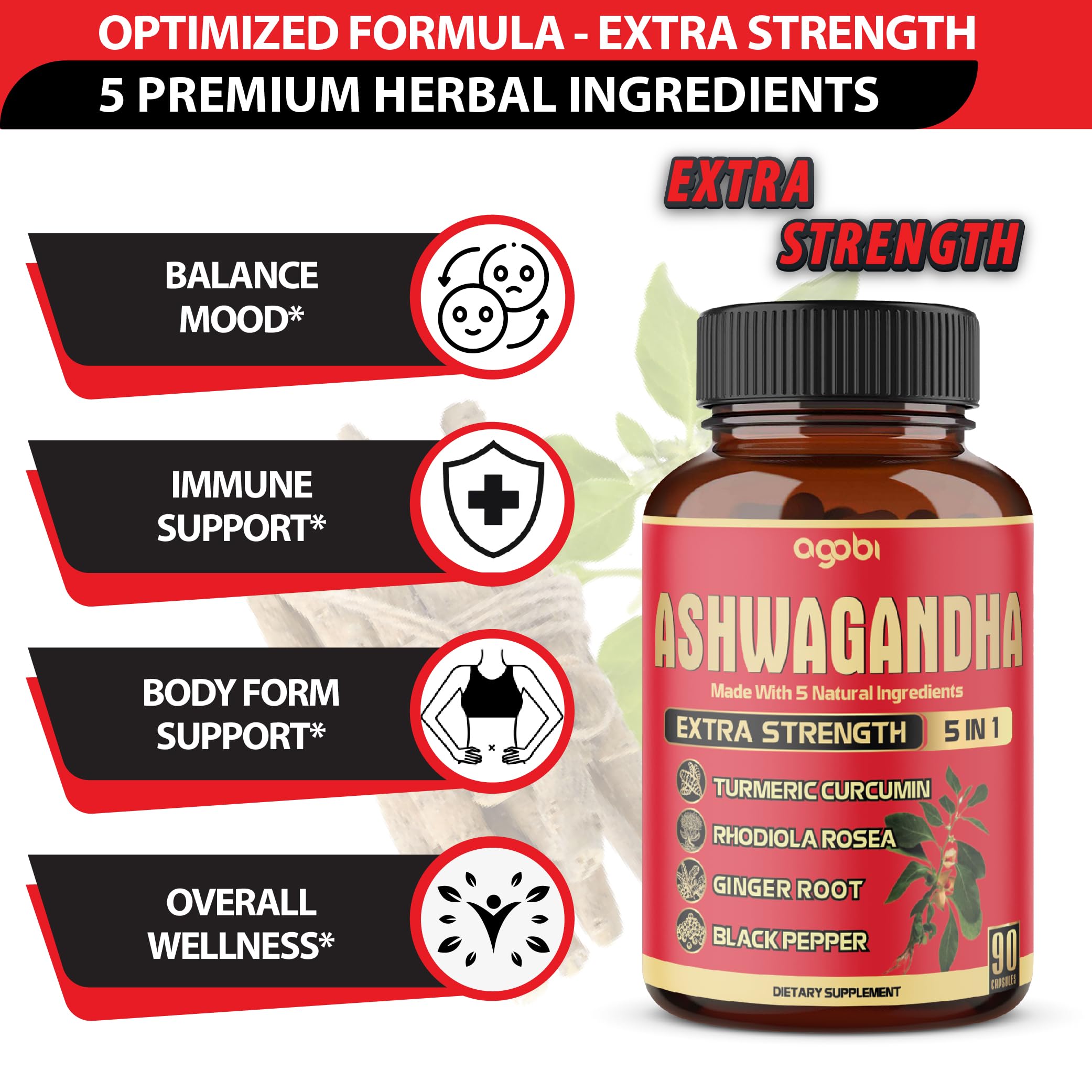 90 Capsules - Ashwagandha Supplement Capsules - Ginger Root, Turmeric, Rhodiola Rosea & Black Pepper