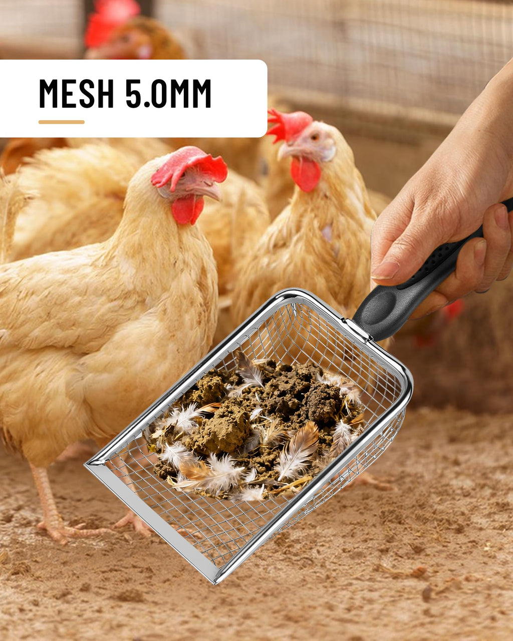 Chicken Poop Scooper for Coop,2 Pack Chicken Coop Poop Scoop Shovel with 3.8mm & 5mm Mesh, Metal Chicken Coop Rake and Scoop Tool,Scooper Shovel for Sifting Sand, Litter, Chicken Supplies