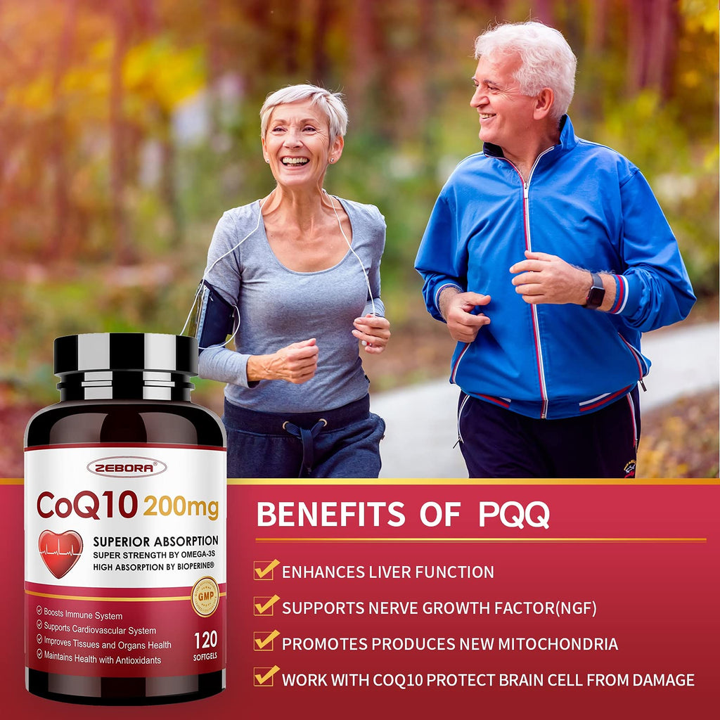 ZEBORA CoQ10 200mg Softgels, 120 Servings | With PQQ, BioPerine & Omega-3, Ubiquinone, High-Absorption, Powerful-Antioxidant, Support Heart & Energy-Production