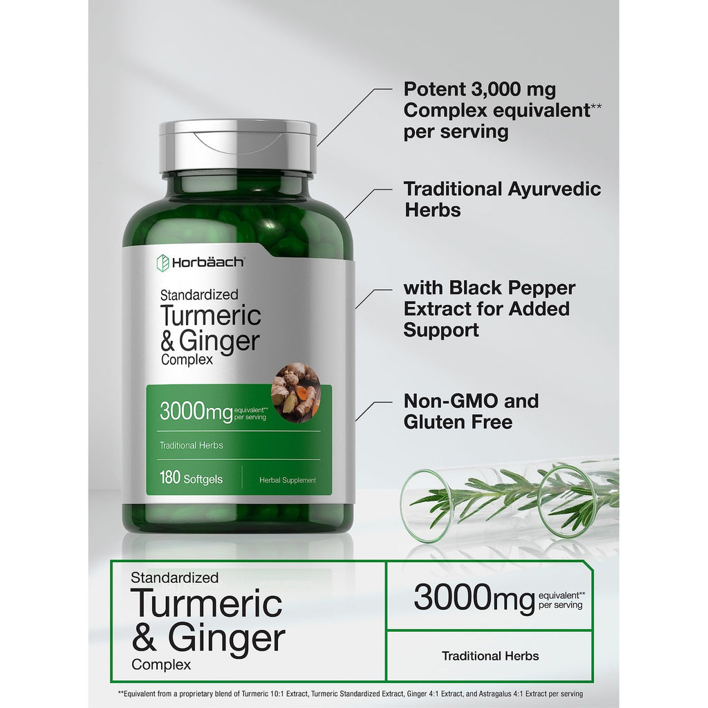 Horbäach Turmeric and Ginger Supplement | 180 Softgel Pills | with Black Pepper Extract | Non-GMO, Gluten Free Supplement