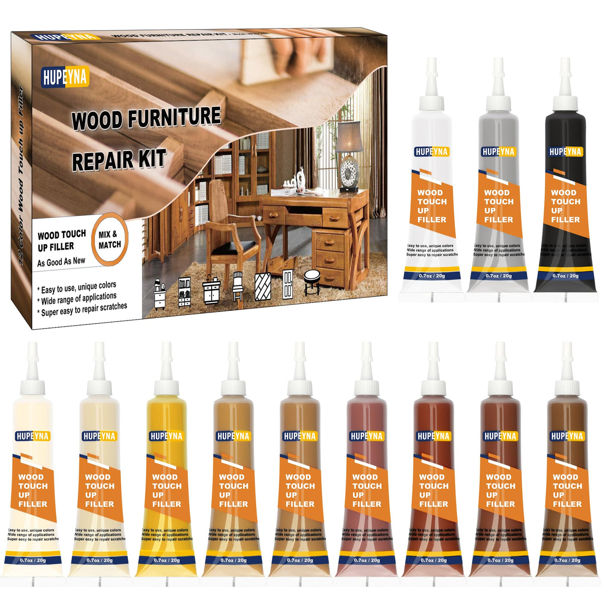 Hupeyna Wood Furniture Repair Kit, 12 Colors Wood Repair Kit, Wood Fillers