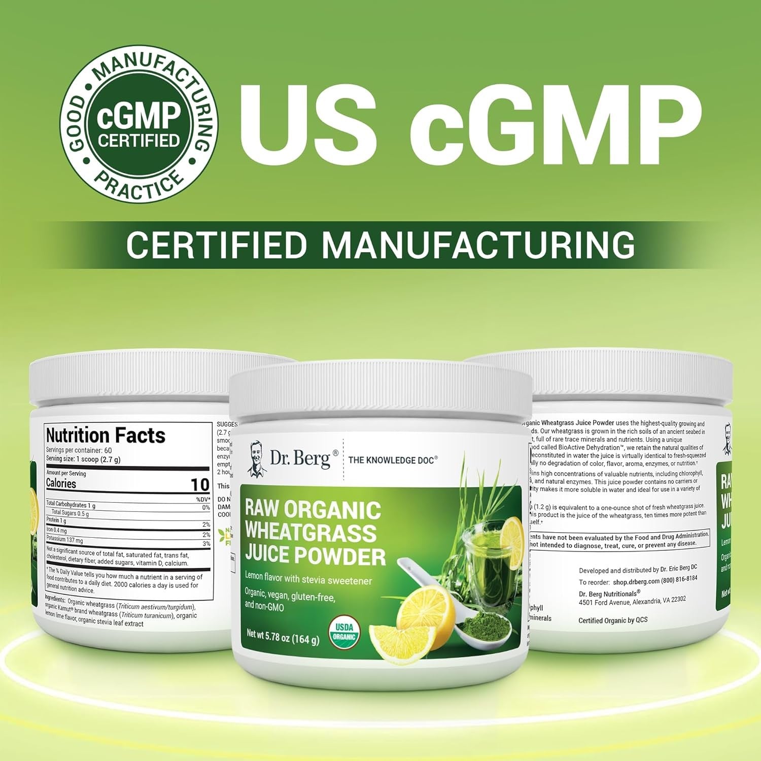 Buy now Dr. Berg USDA Certified Organic Green Powder Superfood (60 Servings) - Made with Raw Wheatgrass, Chlorophyll, Trace Minerals & Natural Enzymes - Non-GMO Green Superfood Powder - Lemon Flavor at indiglob india