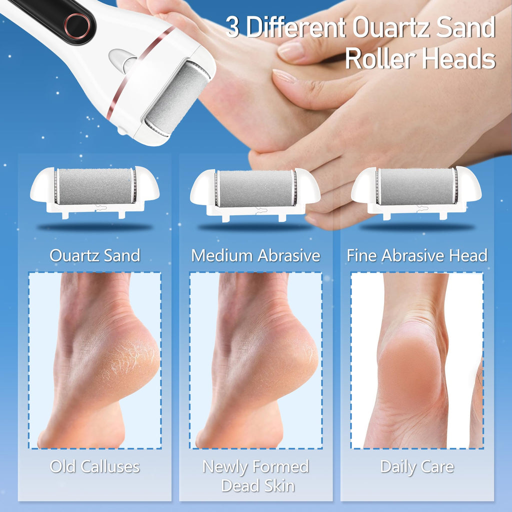 Callus Remover for Feet, Electric Foot Callus Remover Waterproof with 3 Rollers 2 Speed Battery Display,17 in1 Rechargeable Foot File Pedicure Kits for Dead Hard Cracked Dry Skin（White