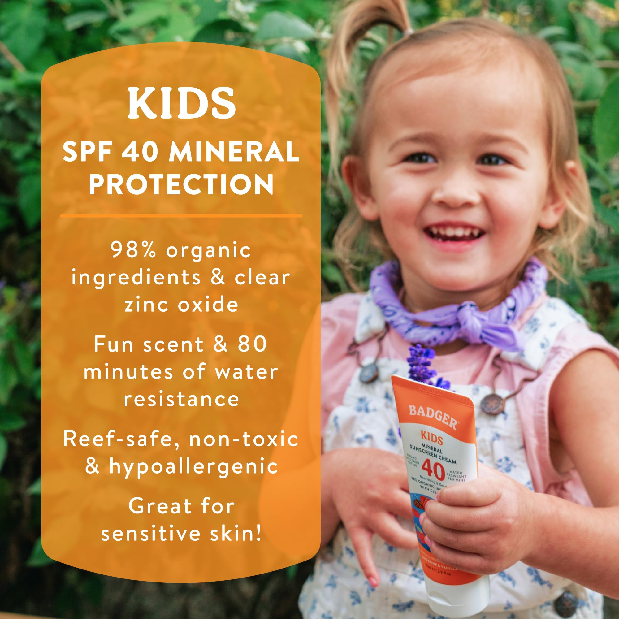 Badger Kids Mineral Sunscreen Cream SPF 40, 98% Organic Ingredients, Zinc Oxide Sunscreen for Kids Face & Body, Water Resistant, Reef Friendly, Hawaii Approved Broad Spectrum Sunblock, 2.9 fl oz