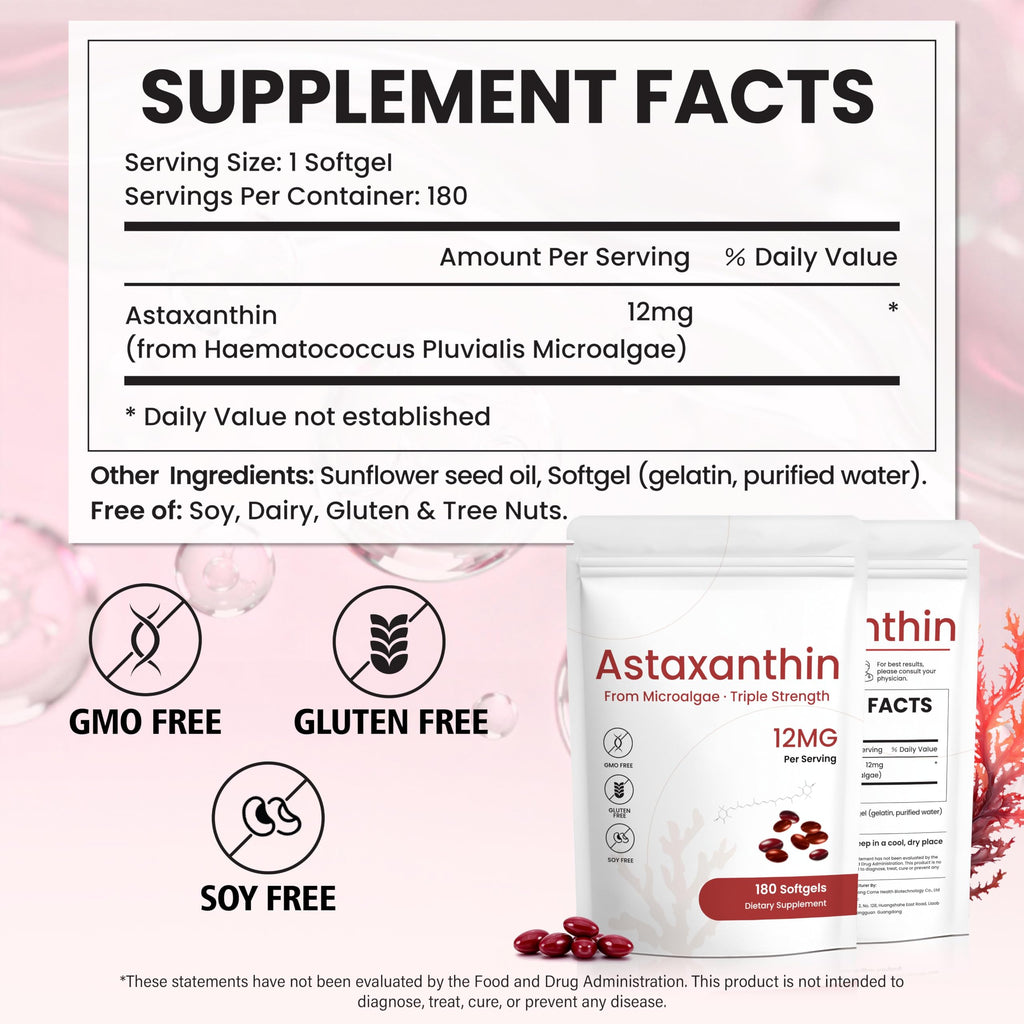 Astaxanthin 12mg Supplement, 180 Softgels, 6 Month Supply | Natural Antioxidant from Fresh Microalgae for Eye, Skin and Joint Health, Non-GMO, Gluten Free