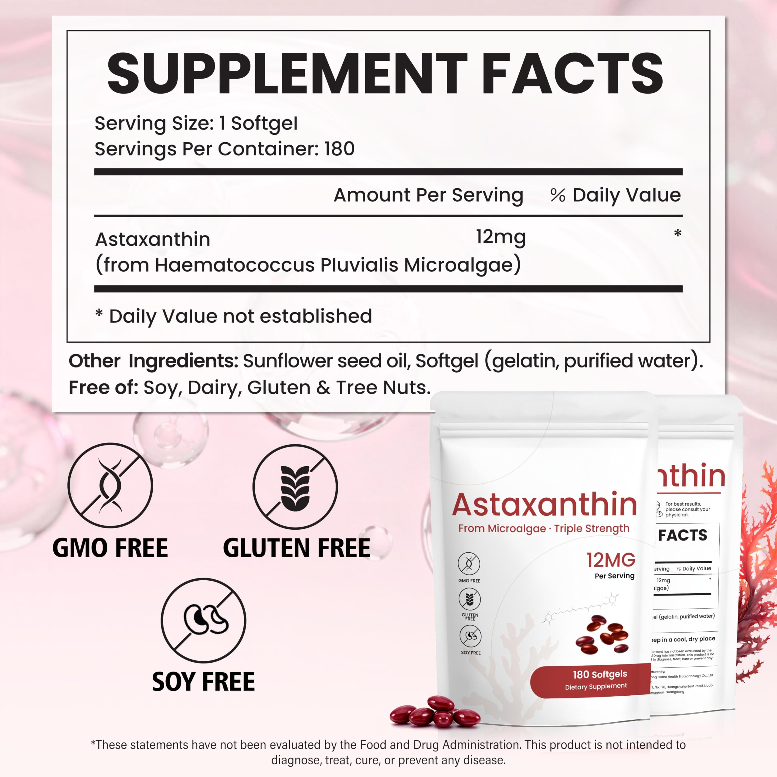 Astaxanthin 12mg Supplement, 180 Softgels, 6 Month Supply | Natural Antioxidant from Fresh Microalgae for Eye, Skin and Joint Health, Non-GMO, Gluten Free