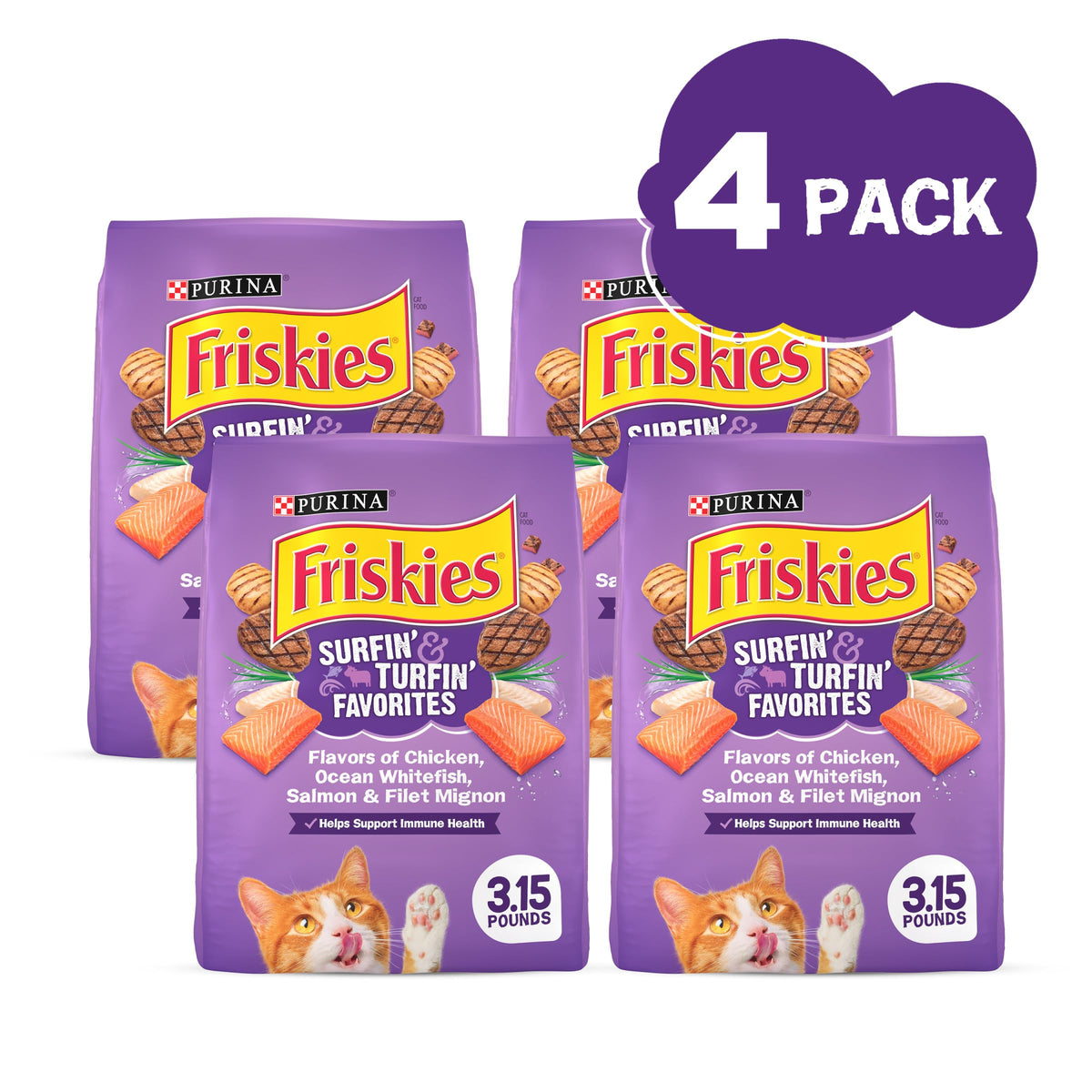 Friskies Purina Surfin and Turfin Favorites Dry Cat Food, (4) 3.15 lb Bag