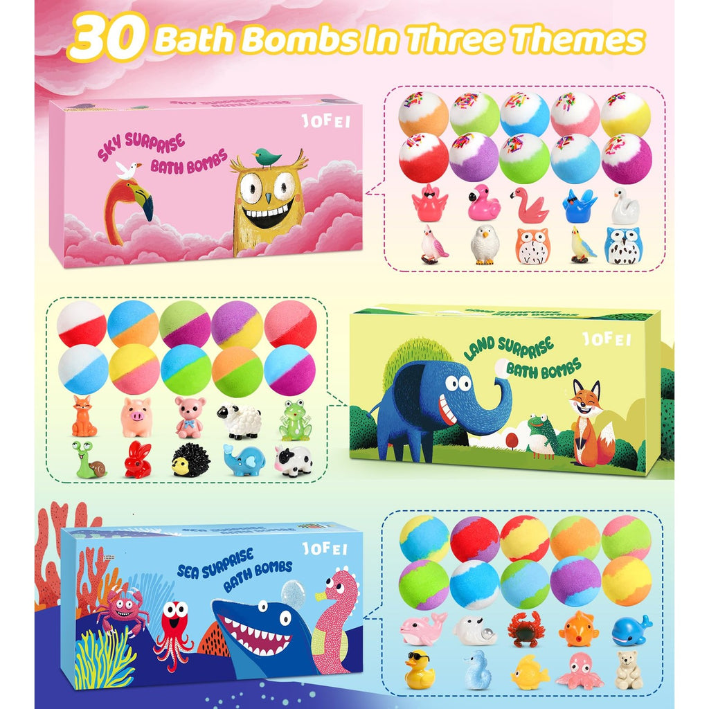 30 Pack Bath Bombs for Kids with Toys Inside, Kids Bath Bombs Gift Set with 30 Sea & Land & Sky Animal Surprise Toy, Child-Safe Natural Bubble Bath Toys, Birthday Gifts for Kids Boys Girls