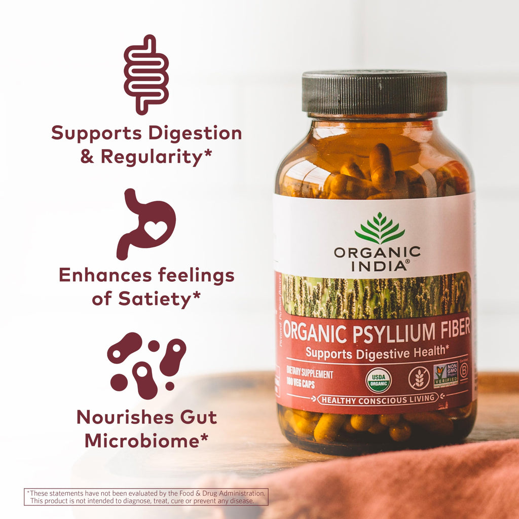 ORGANIC INDIA Psyllium Herbal Powder - Whole Husk Fiber, Healthy Elimination, Keto Friendly, Vegan, Gluten-Free, USDA Certified Organic, Non-GMO, Soluble & Insoluble Fiber Source - 180 Capsules