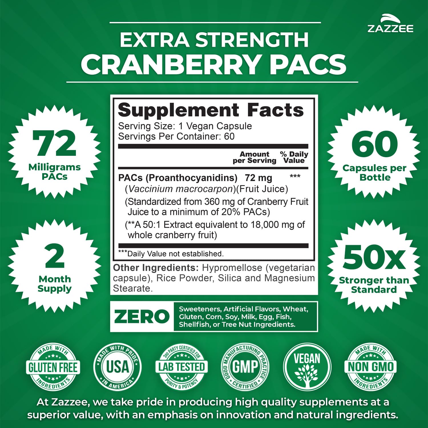 Zazzee Cranberry PACs 72 mg per Capsule, 50:1 Extract, 60 Vegan Capsules | 2X Strength, 2 Month Supply, Fast-Acting, Effective Urinary Tract & Bladder Support, 100% Soluble PACs, Made in the USA