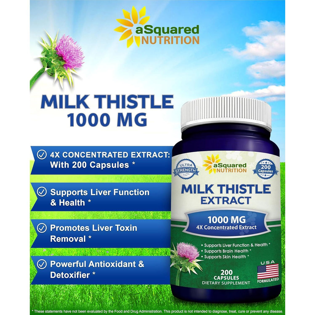 Buy now aSquared Nutrition Milk Thistle Supplement 1000mg-200 Capsules,Max Strength 4X Concentrated Extract 4:1 Milk Thistle Seed Powder Herb Pills, 1000 mg Silymarin Extract for Liver Support, Cleanse, Detox at indiglob india