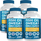 PrimeMD 4-in-1 Fish Oil Omega-3 with D3 K2 CoQ10, Lemon, 120 Softgels | Heart, Brain and Joint Support, Omega 3 with Vitamin D3, K2 and CoQ10, Lemon Flavored Softgels, Fish Oil Supplement