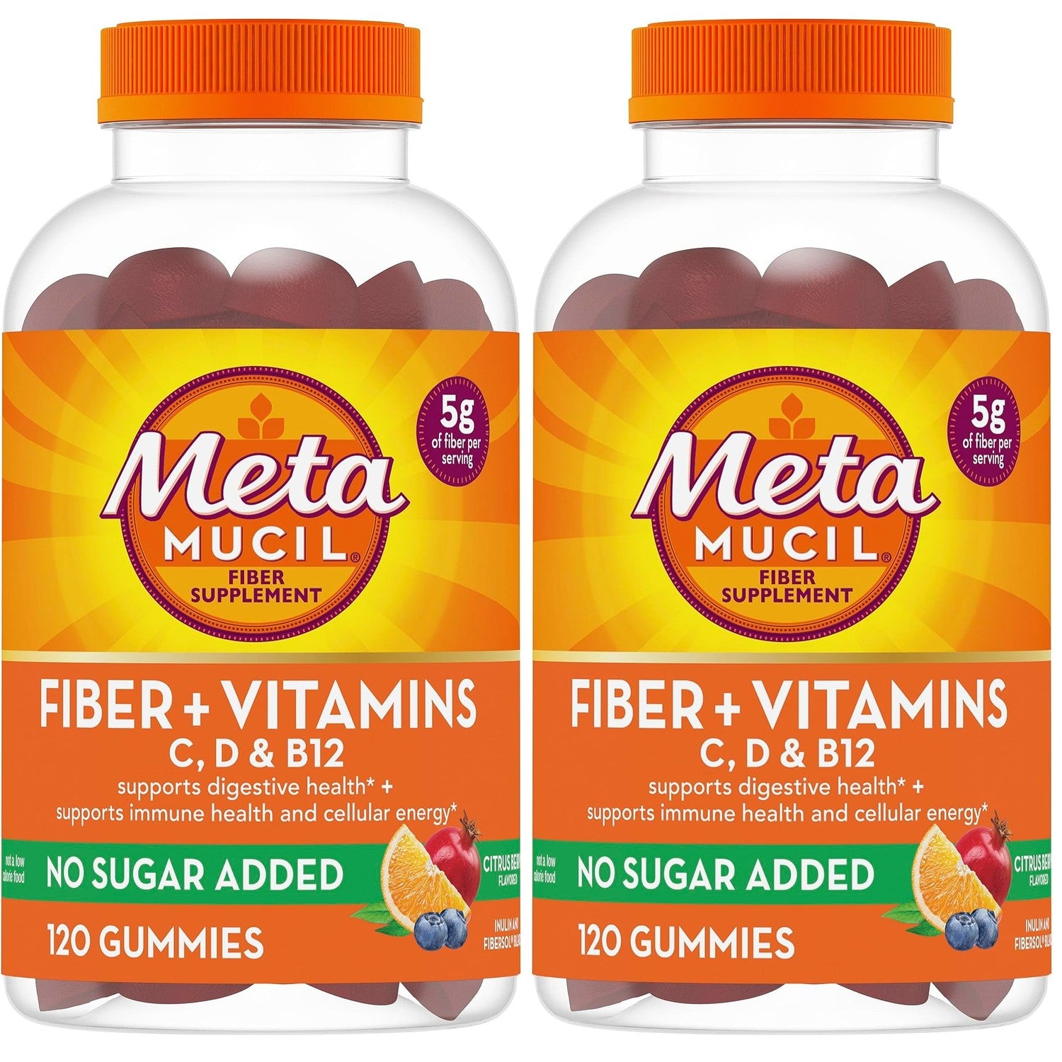 Metamucil Fiber Gummies for Adults with Vitamins C, D, B12 for Metabolism, No Sugar Added Citrus Berry Flavor, 5g Plant Based Prebiotic Fiber Supplement Blend, 120 Count